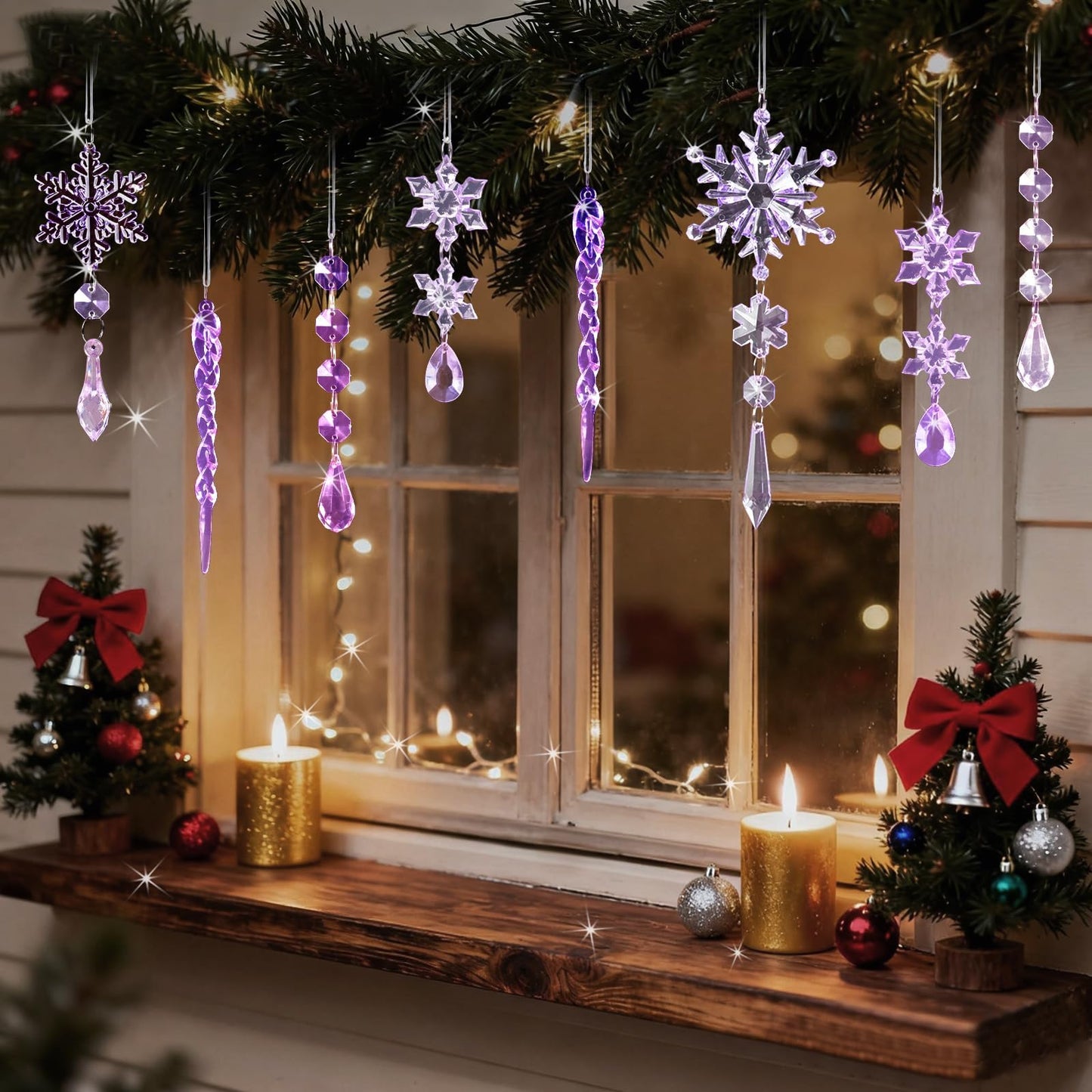 18pcs Crystal Christmas Ornaments for Christmas Tree Decorations-Dark Purple and Light Purple Hanging Acrylic Snowflake and Icicle Ornaments with Drop Pendants for New Year Party Decorations Supplies