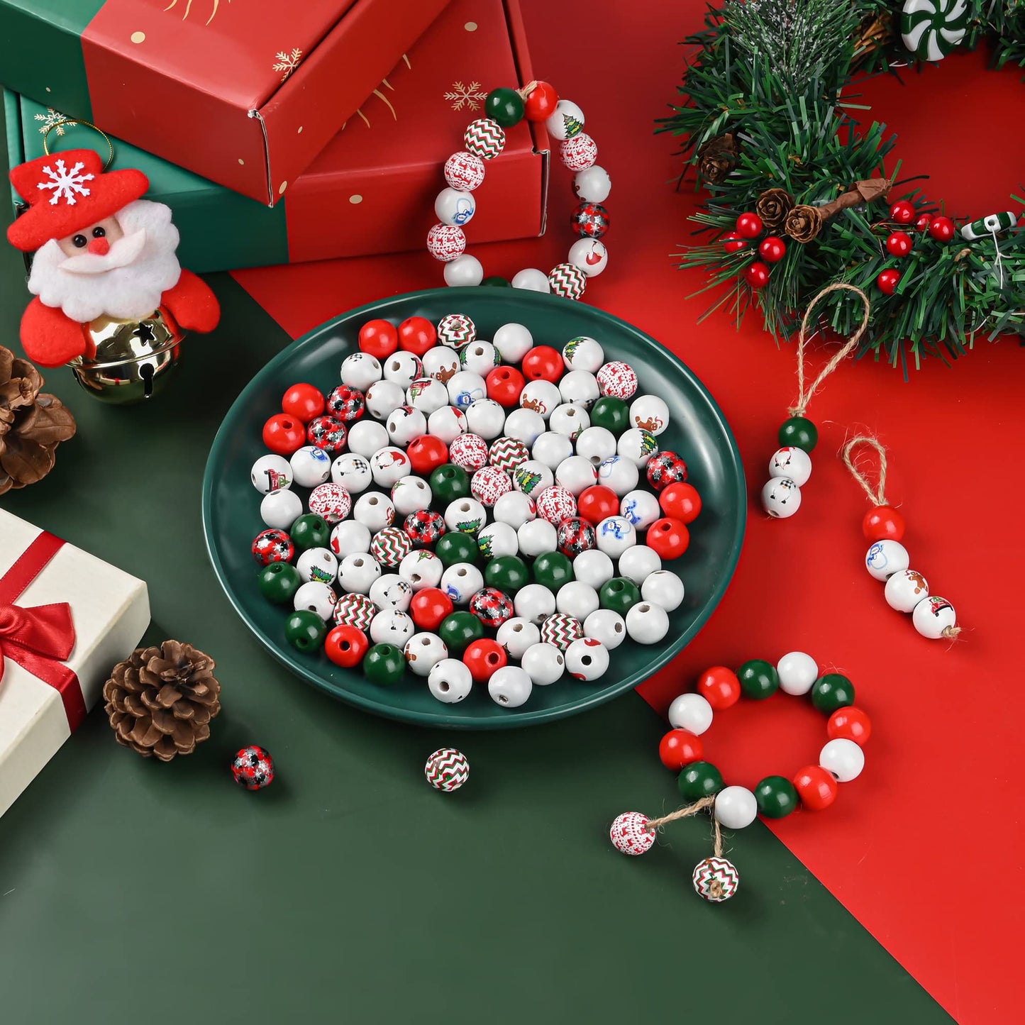150 Pieces Christmas Wooden Beads Xmas Decorations DIY Craft Wood Bead Snowman gnome Gingerbread Candy Deer Spacer Bubblegum Beads Bulk for Tree Hanging Garland Jewelry Making Home Decor