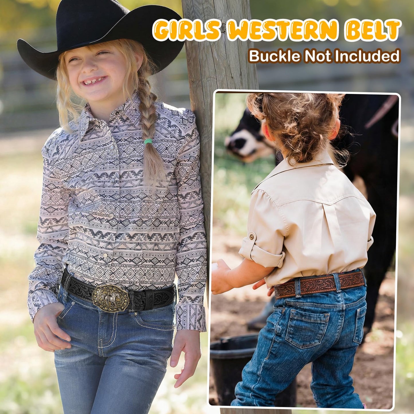 SANSTHS Kids Western Belt without Buckle Genuine Leather Boys Girls Belt Strap Cowgirl Cowboy Belts for Jeans Western Gifts, Embossed Leaf/Black Coffee