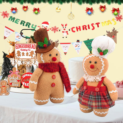 Christmas Decorations Indoor 12.6 inch Gingerbread Plush Ornaments Gingerbread Man Stuffed Animal Christmas Decor Gift for Kids Girls (Set of 2)