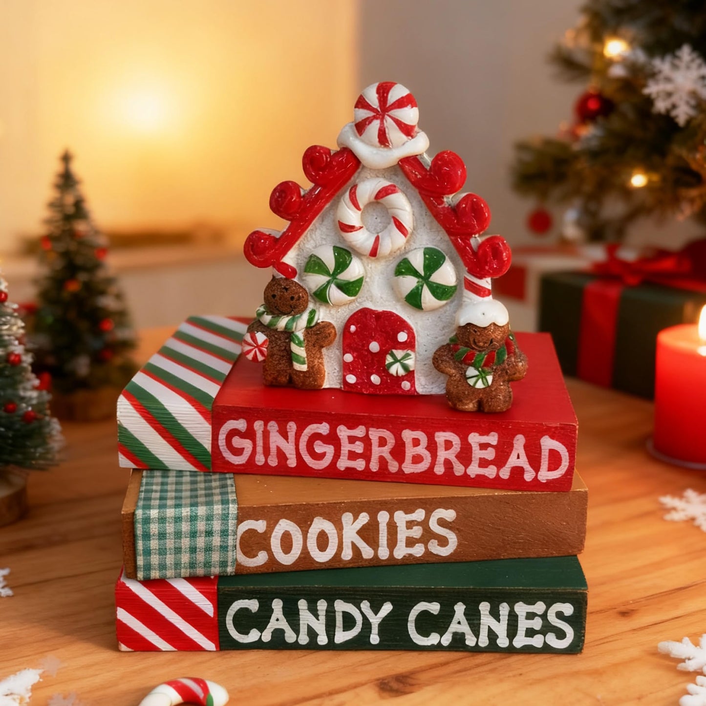 Bucherry Christmas Table Decoration Resin Gingerbread House Tiered Tray Decor Wood Rustic Gingerbread Block Signs Ribbon Book Stacks Christmas Centerpiece Decorative Tray for Farmhouse Home Shelf Gift