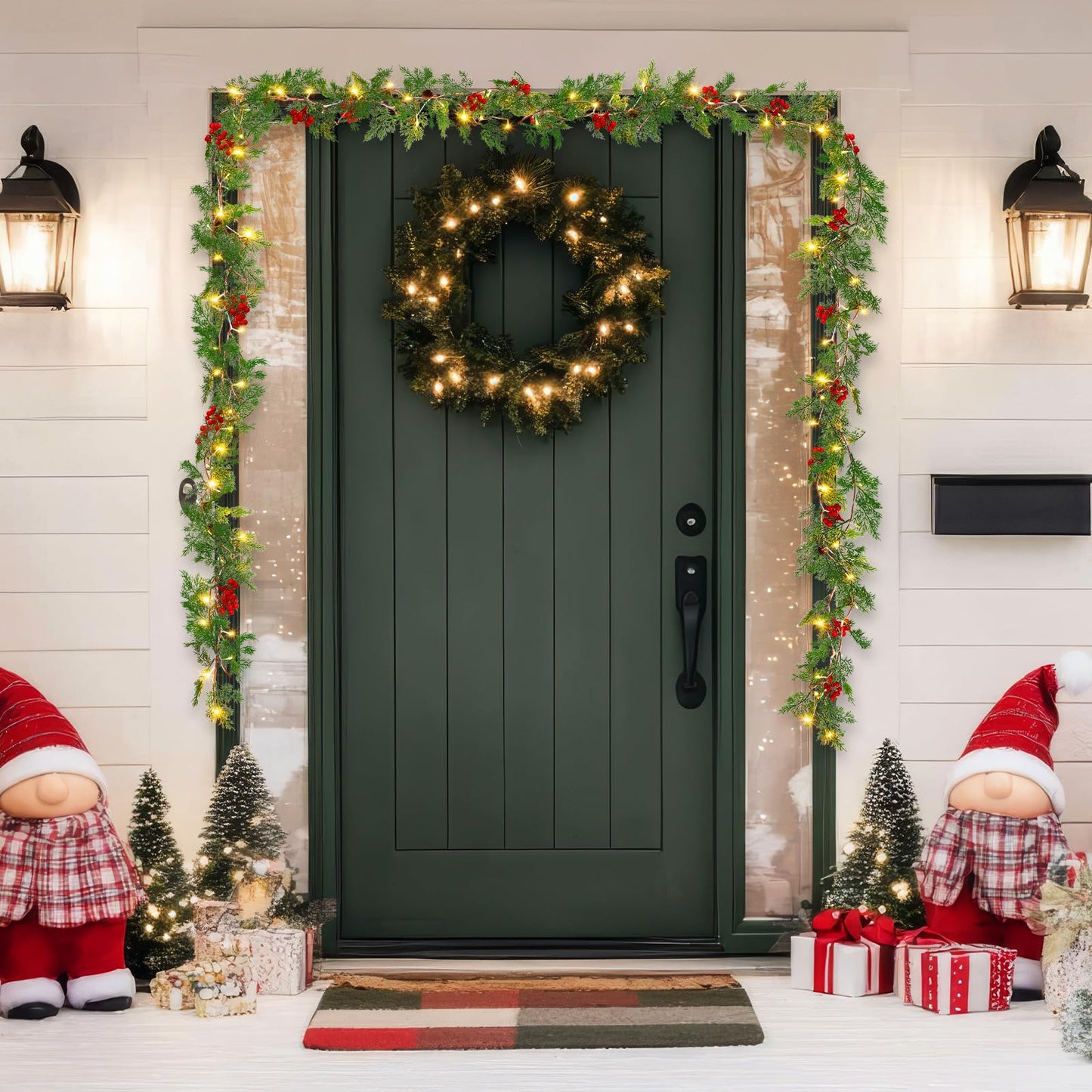 Spiareal 1 Pcs 9 ft Christmas Garland with Light Christmas Lighted Pine Garland Prelit Battery Operated Cedar Pine Cone Red Berry Greenery for Mantle Fireplace Decor