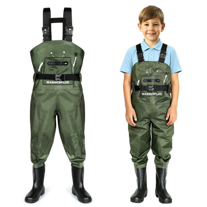 wasserflux Kids Chest Waders with Boots – Waterproof PVC Youth Waders with Reflective Strips & Reinforced Knees, Lightweight Fishing Waders, Green 8/9T