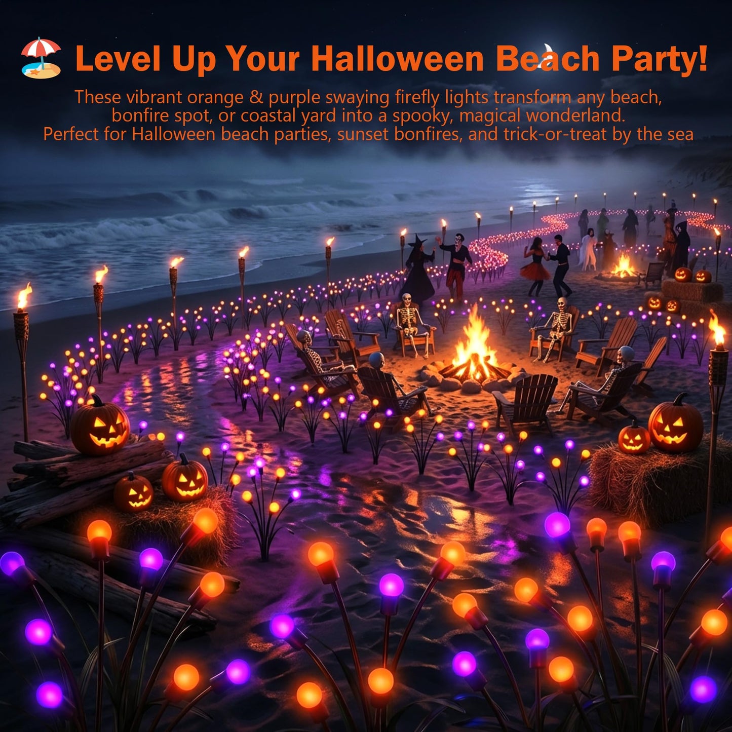 Sukesou Halloween Firefly Solar Lights, 2 Pack 6 LED Orange Purple Swaying Pathway Lights, IP65 Waterproof Auto Dusk to Dawn Outdoor Landscape Lights for Yard Patio Lawn Party Decor