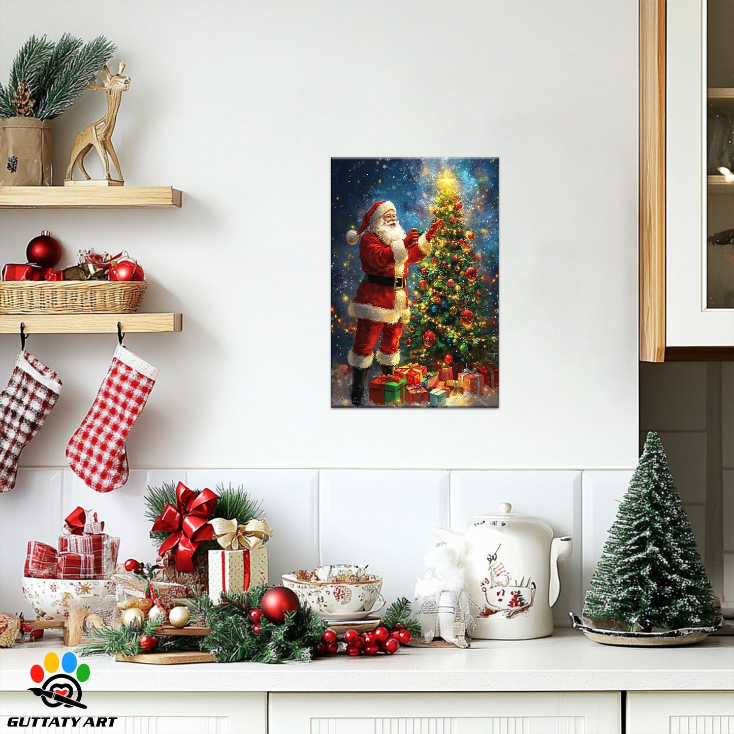 GUTTATY Christmas Canvas Wall Decor, Santa Canvas Wall Art, Lighted Christmas Tree Pictures Wall Decor, Christmas Theme Posters Framed, Xmas Canvas Artworks for Living Room 18x24 Inch