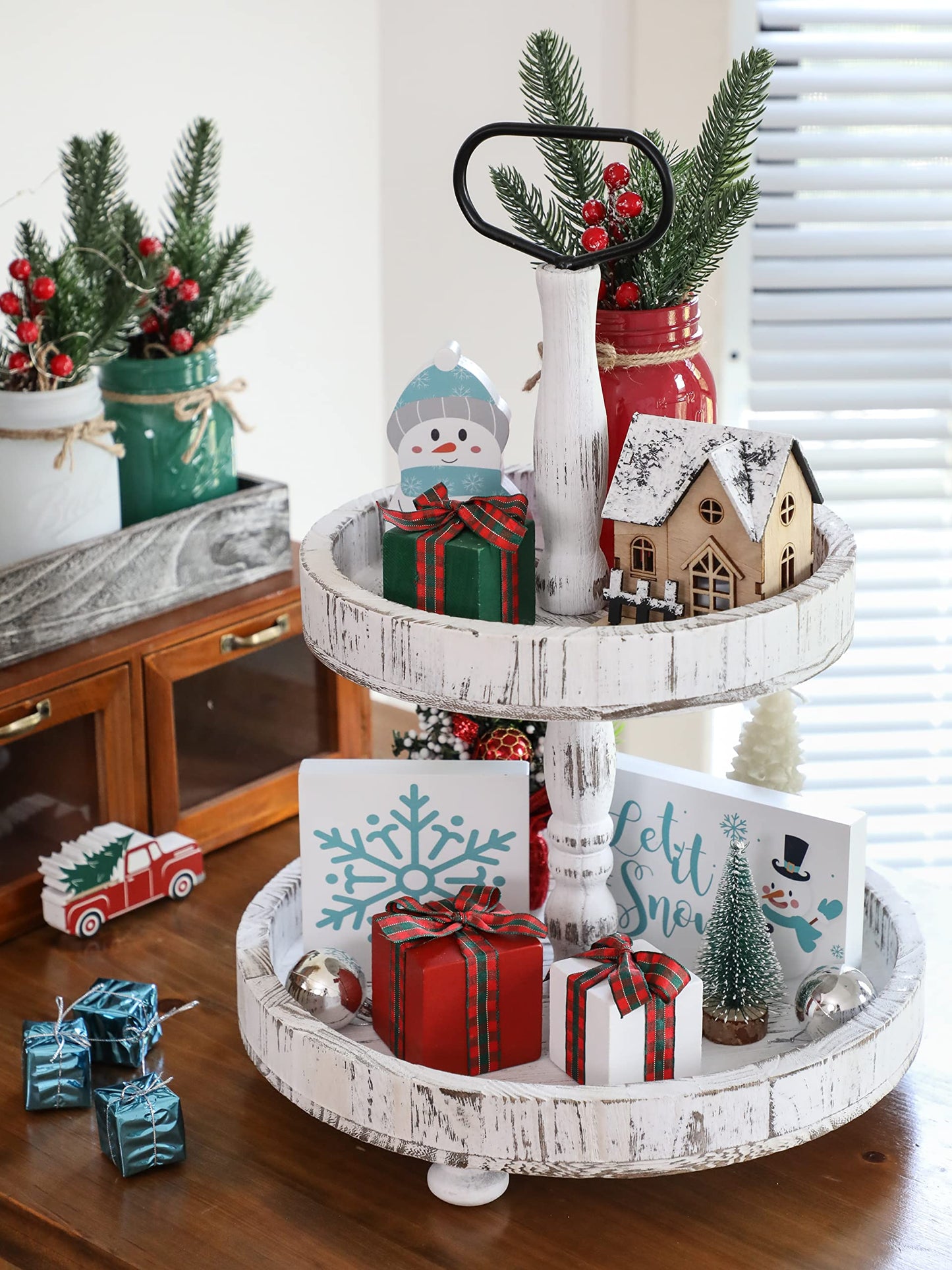 Christmas Tiered Tray Decor Set of 3 Mini Wood Small Table Decor Shelf décor (Buffalo Plaid 1)