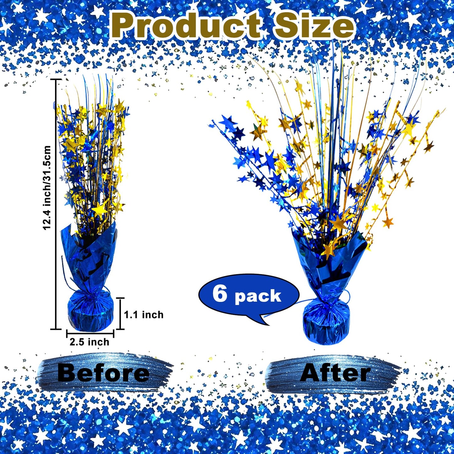 YinNorth 6 Pack Metallic Foil Spray Table Centerpiece Decoration Star Brust Glitter Table Topper Decor for Birthday Graduation Holiday Christmas New Year's Eve Celebration Party Supplies Gold and Blue