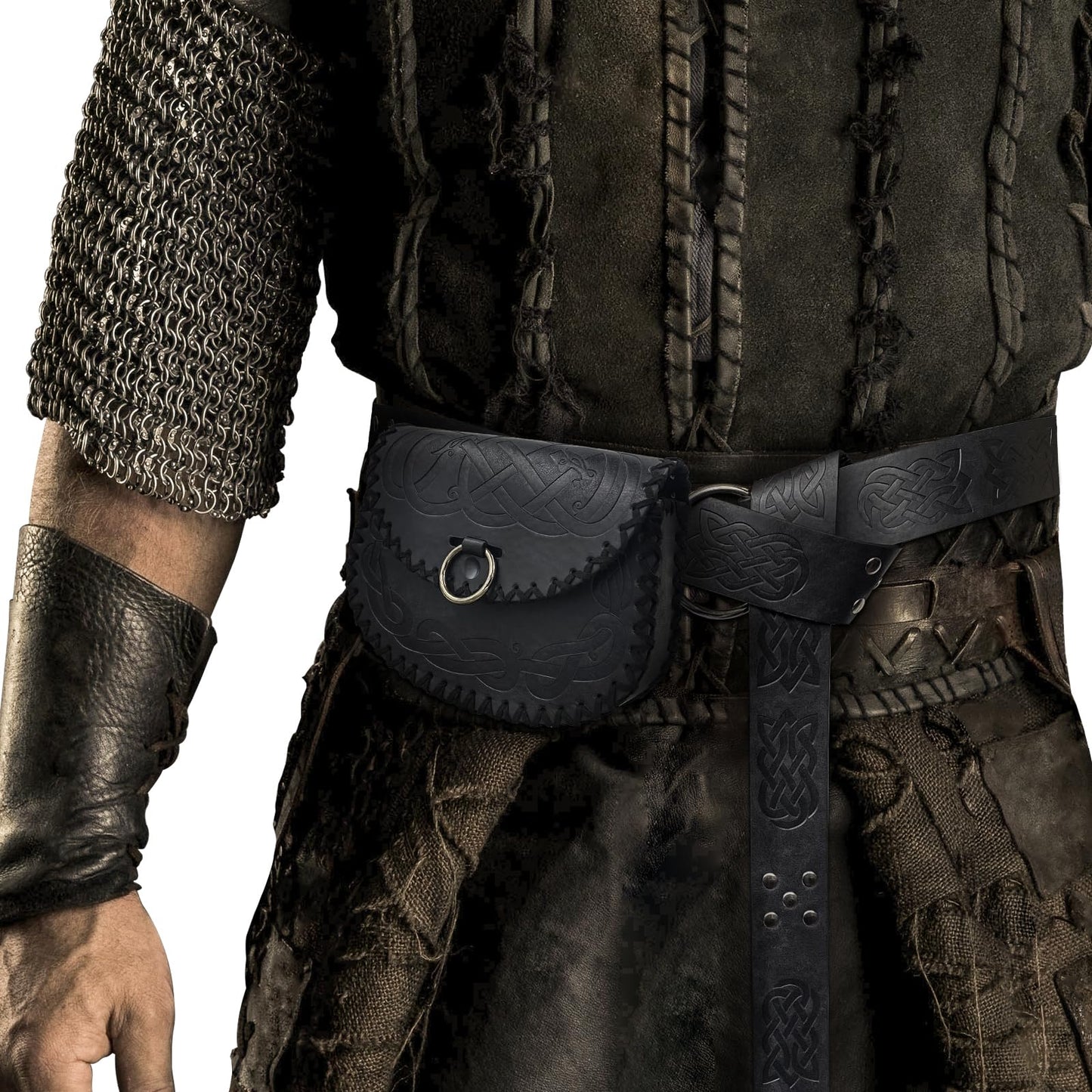 HiiFeuer Medieval Embossed O Ring Belt and Viking Embossed Belt Bag Set for LARP (Black)