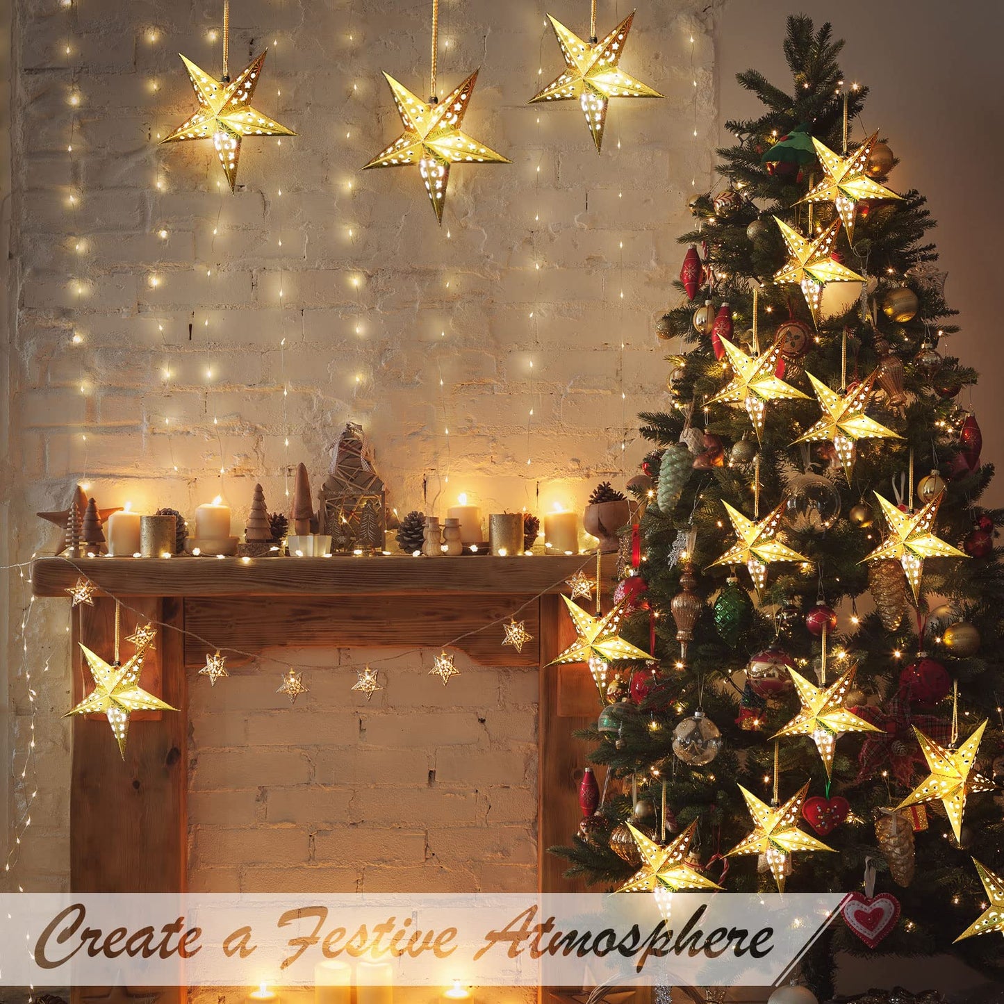 Zhanmai 10 Pcs Large 3D Gold Paper Star Lantern with 10 LED Lights 11.8 Inch 5 Point Hollow Hanging Paper Star Lampshade Decoration Light Lanterns for Wedding Birthday New Year Party Home Decor