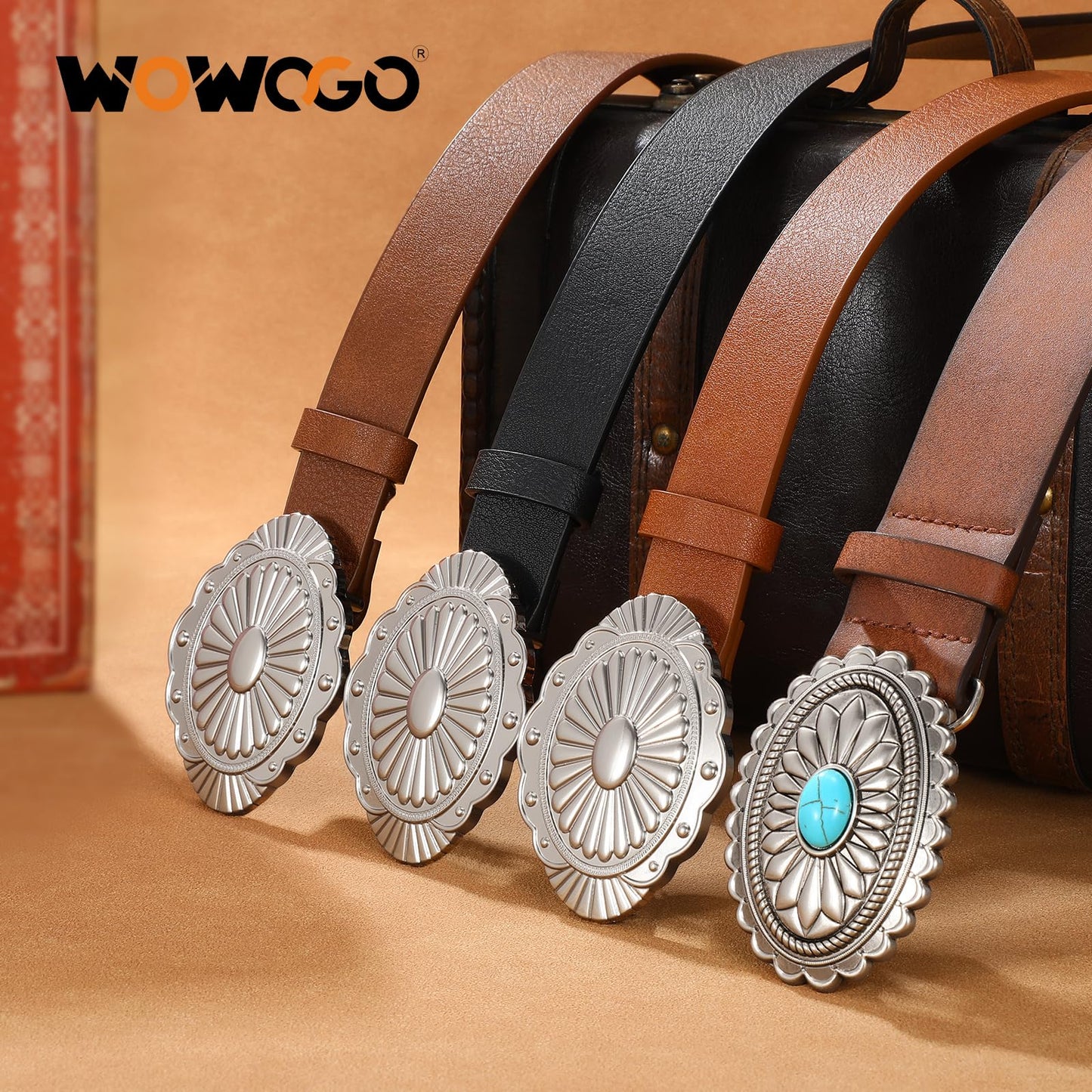 WOWOGO Women-Western-Cowgirl-Belt-Country-Concho Vintage Leather Belt with Concho Turquoise Buckle,Coffee