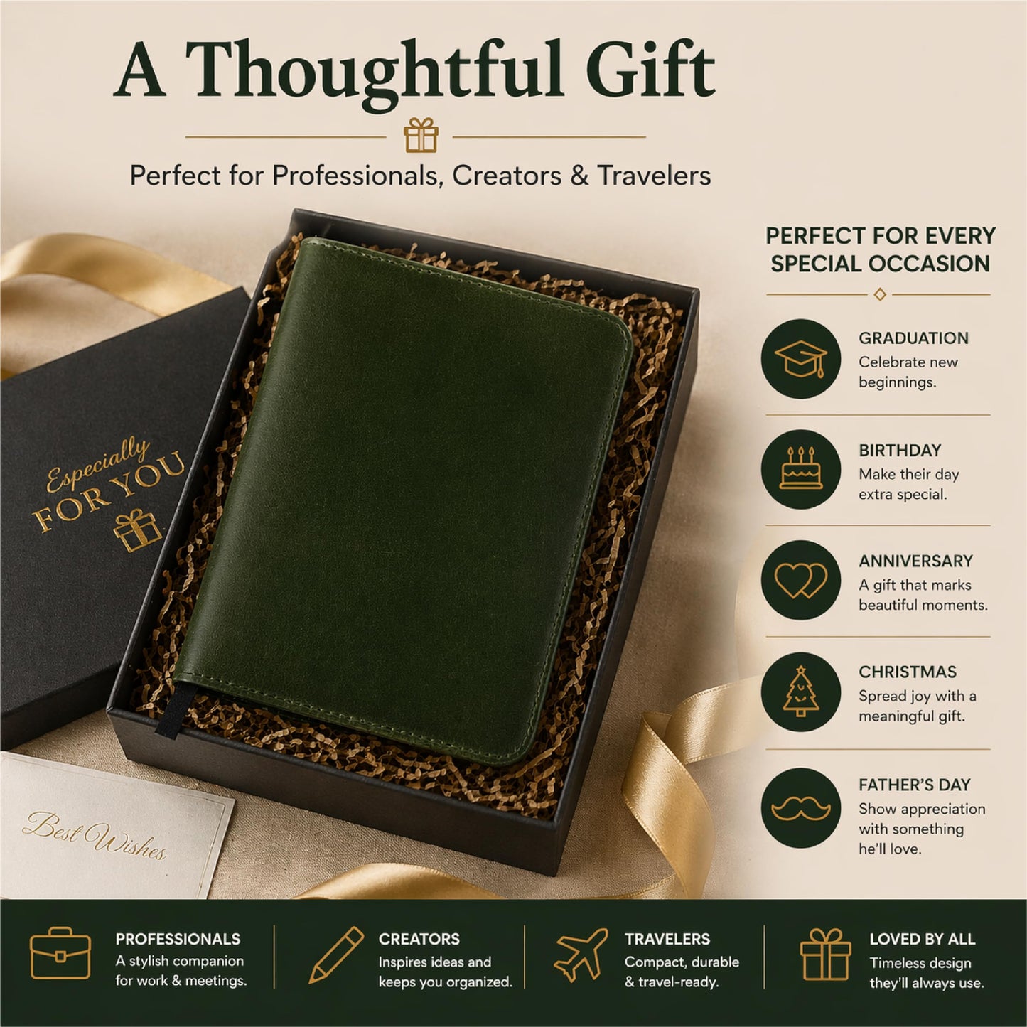 TheAntiq Leather Journal Cover XL – Handmade Refillable Notebook Holder with Pen Loop, Writing Organizer for Office, Travel & Professional Use 7.5 x 9.8- Green