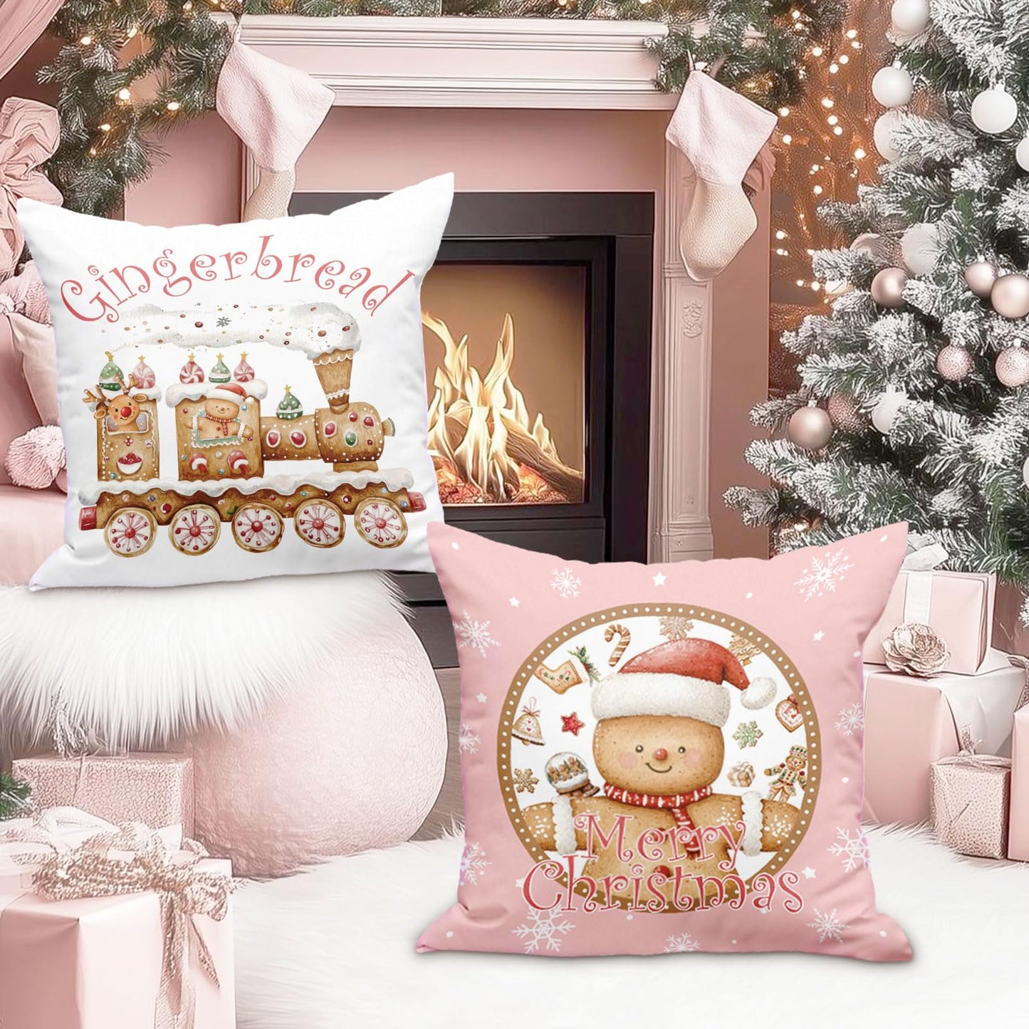 Lanpn Christmas Throw Pillow Covers 18x18 Set of 4, Gingerbread Man House Pillow Covers Christmas Pillowcase Decorative Cushion Cover for Home Bedroom Couch Sofa Decor (Pink)