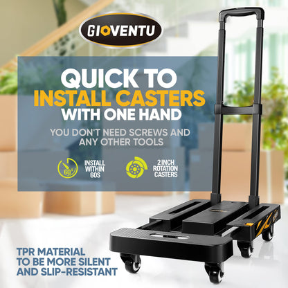 𝟐𝟎𝟐𝟒 𝐔𝐩𝐠𝐫𝐚𝐝𝐞𝐝 Folding Hand Truck Dolly Cart (440LB), Heavy Duty Luggage Cart with TPR Wheels and Easy Setup Design, Portable Platform Truck Collapsible Dolly for Moving, Travel, Office Use