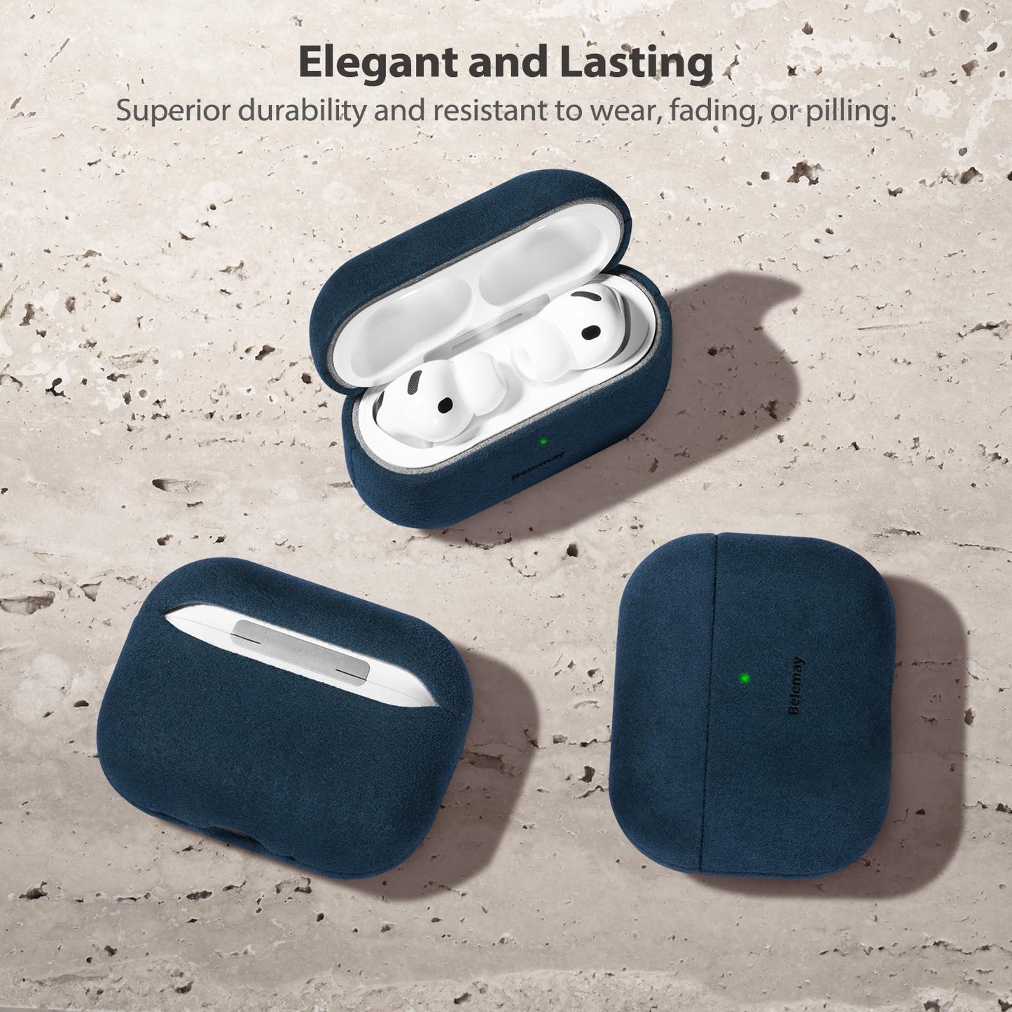 Belemay Handcrafted Alcantara Case for AirPods Pro 3rd Gen (2025), Compatible with MagSafe, Luxury Italian Suede-Like Material, Comfortable Grip, Elegant Cover Compatible with Airpods Pro 3, Blue