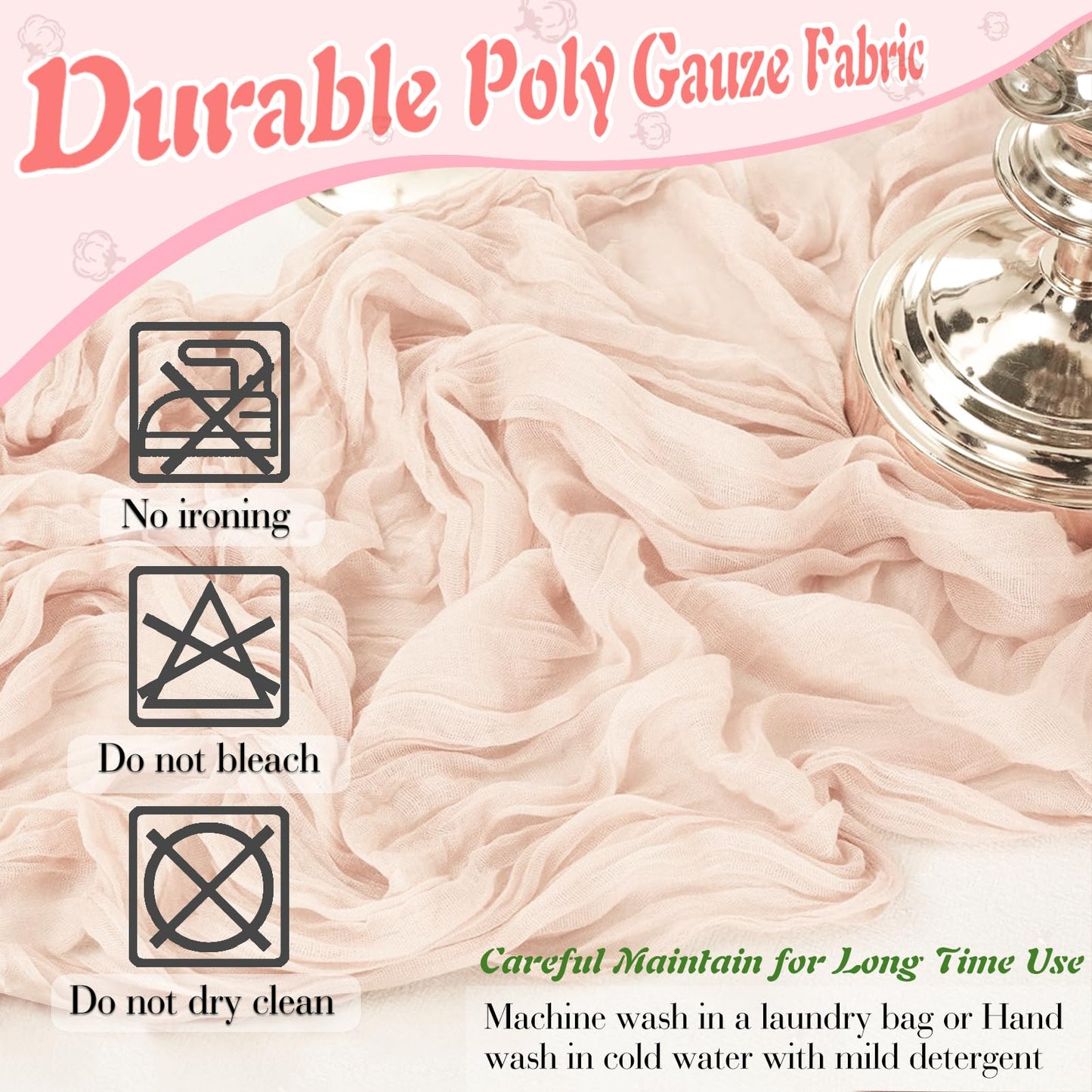 Waligoy Blush Pink Cheesecloth Table Runner 1 Pack 35" Boho Gauze 120 inches Long Runner Rustic Sheer Fabric Bulk for Baby Shower Wedding Bridal Birthday Party Table Decorations
