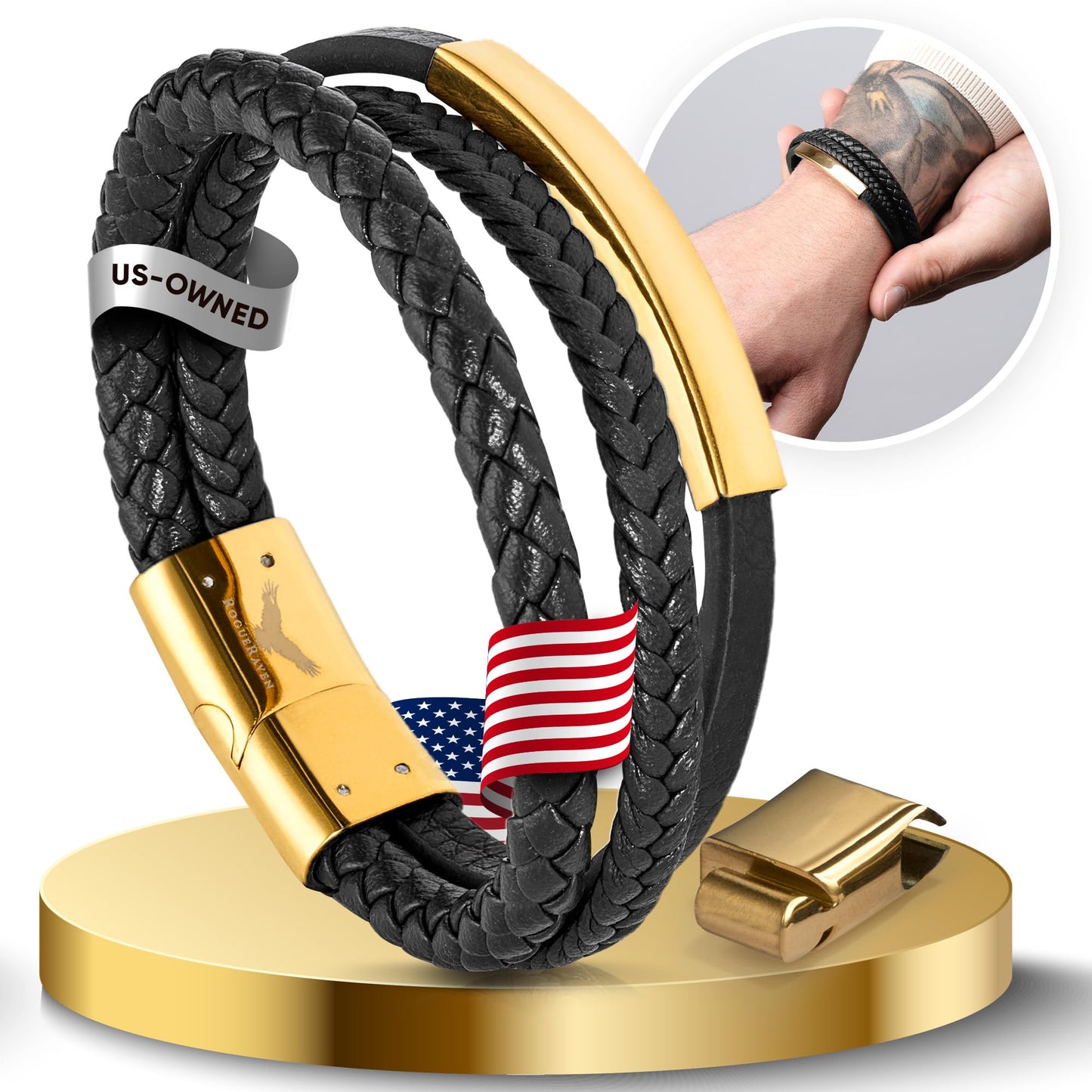 RogueRaven Black Leather Bracelet for Men – Premium Collection – Brown Black Gold Silver | Genuine Leather Mens Bracelet with Stainless Steel Clasp [Adjustable] | In Luxury Gift Box