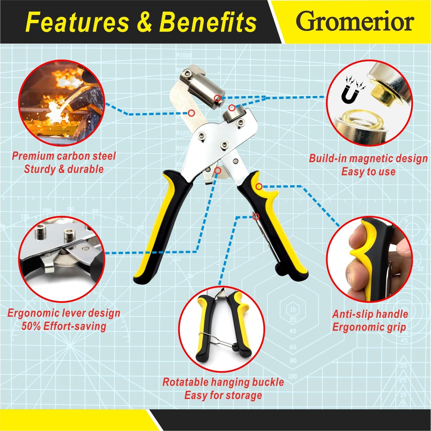 Gromerior Premium Grommet Tool Kit (3/8 inch 10mm) with Case & 300 Sets Grommets, Heavy-Duty Eyelet Press Plier & Hole Punch Included, Grommet Maker for Fabric/Leather/Tarps/Canvas/Banners