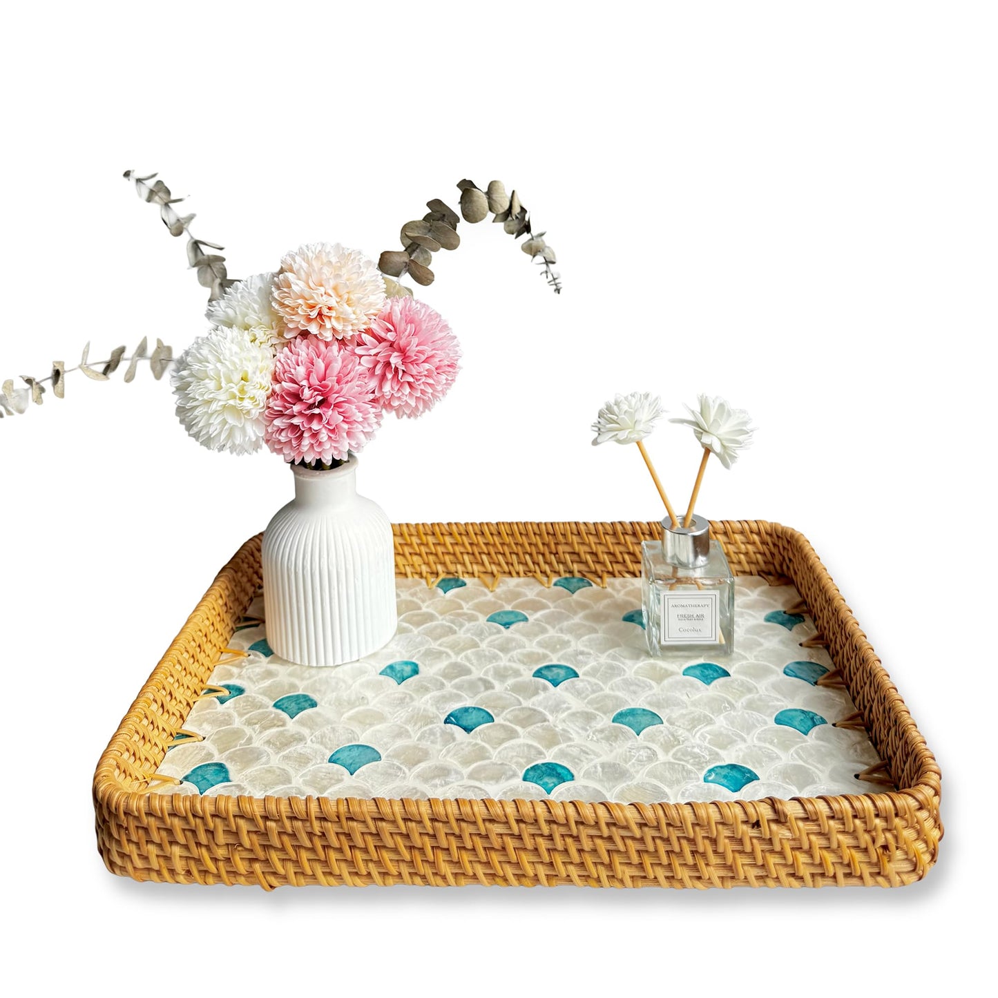Rattan Tray Rectangle with Mother of Pearl – Unique Decorative Rattan Serving Tray for Food, Bread, Fruits, Snacks & Organizing Bathroom, Coffee Table – Christmas & Housewarming Gift (Fin 13.3"x9.4")