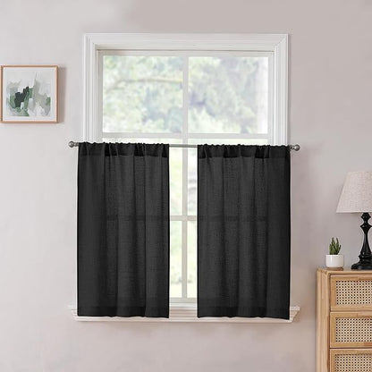 Tollpiz Short Linen Tier Curtains Rod Pocket Semi Sheer Half Kitchen Curtain Burlap Light Filtering Thick Linen Drapes for Bathroom, 30 x 24 inches Long, Black, Set of 2 Panels