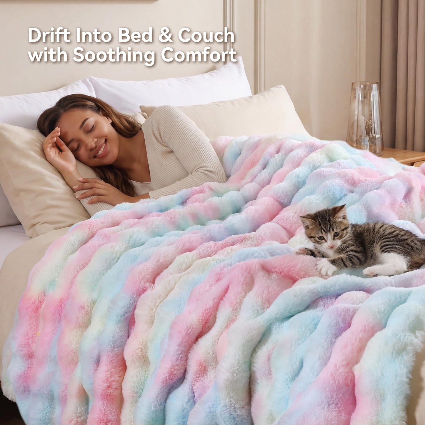 Smoofy Faux Fur Throw Blanket for Couch - Rainbow Super Soft Cozy Bubble Blanket, Fluffy Plush Fuzzy Throw for Sofa & Bed, Thick Lightweight Warm Blanket, Luxury Aesthetic Gift for Women 50"x60"