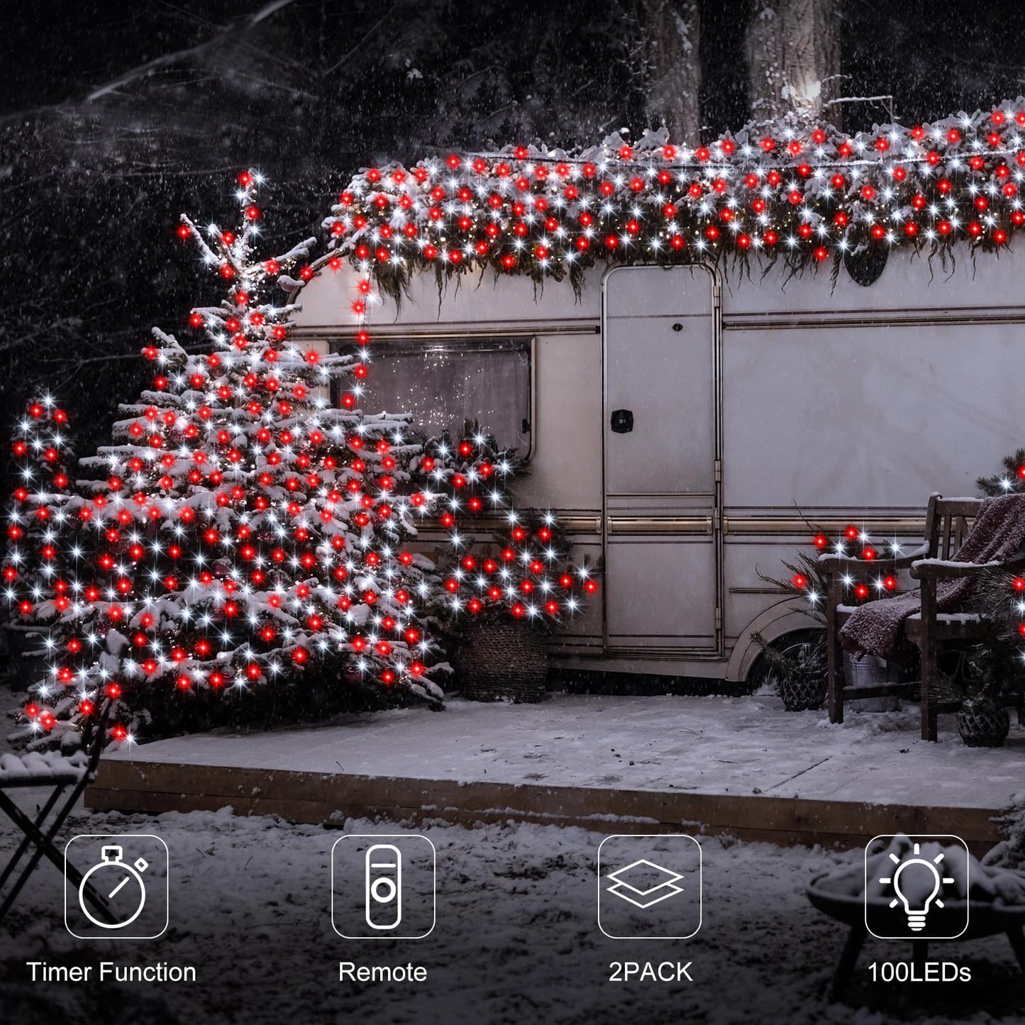 DBFAIRY 2PACK Red White Battery Christmas String Lights 32.8Ft 100LEDs, Battery Operated Wreath String Lights 8 Modes with Remote Timer Christmas Decoration for Tree Patio Garden Yard