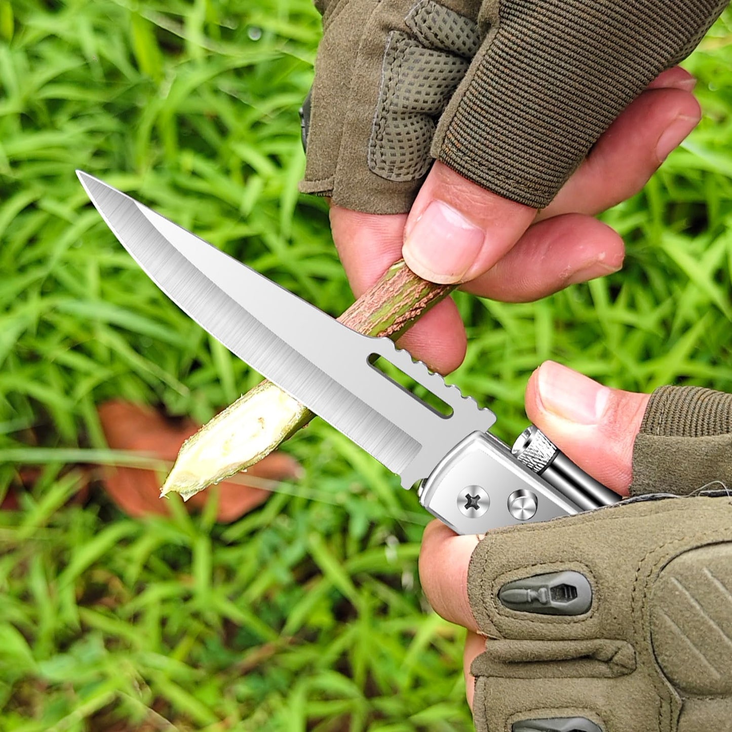 Uninuou AK47 Style Tactical Folding Knife 4-Pack – Bulk Set with LED Light, Wood Handle, Laser Engraving Ready, Groomsmen Gifts for Men, Outdoor Camping Hiking Gear (4)