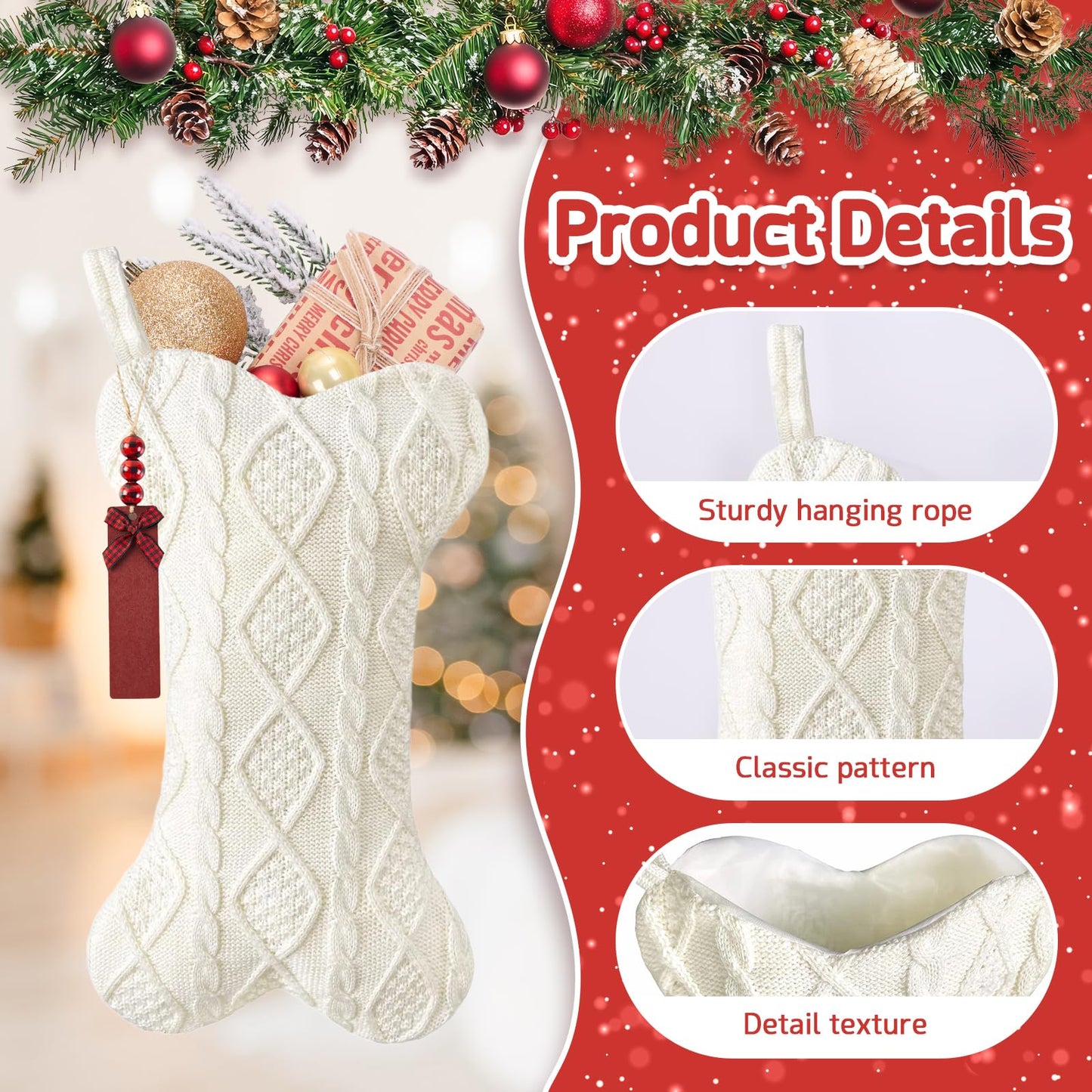 Galetcy Bone Shaped Dog Christmas Stockings, 3 Pack Cable Knit Xmas Stockings Personalized with Name Tag Hanging Pet Stockings for Dogs Cats