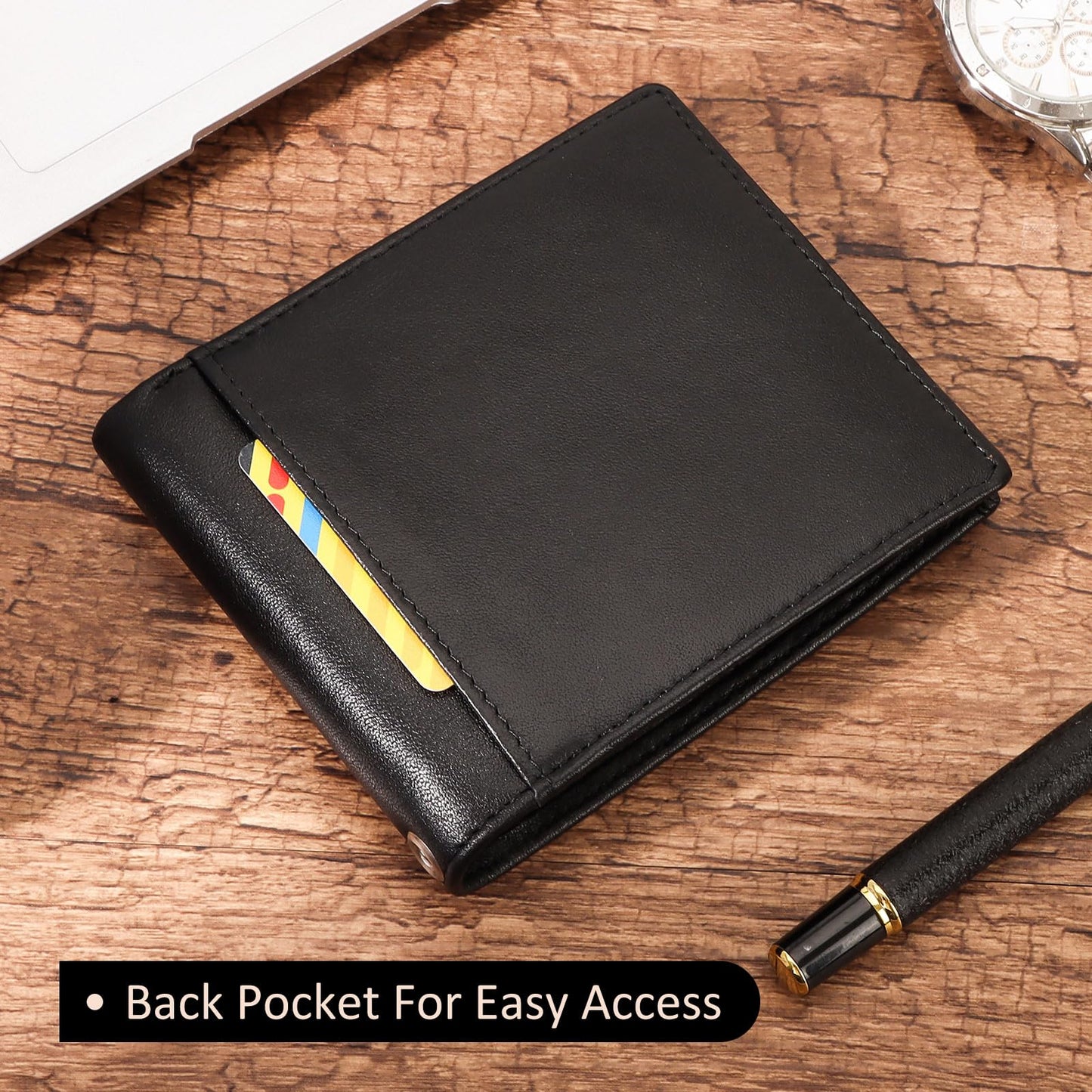 HUMERPAUL Mens Wallet with Chain, RFID Blocking Genuine Leather Bifold Wallet Minimalist With 2 ID Window (Black)