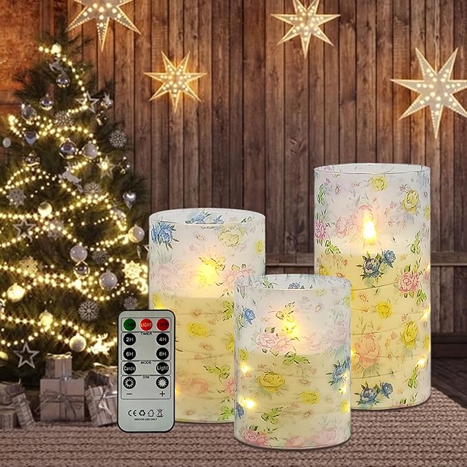 Flickering Flameless Candles Vintage Blue Floral Print, Embedded Star String Lights, Battery Operated Acrylic LED Pillar Candles with 11-Key Remote and Timer for Home Decoration, 3 Pack