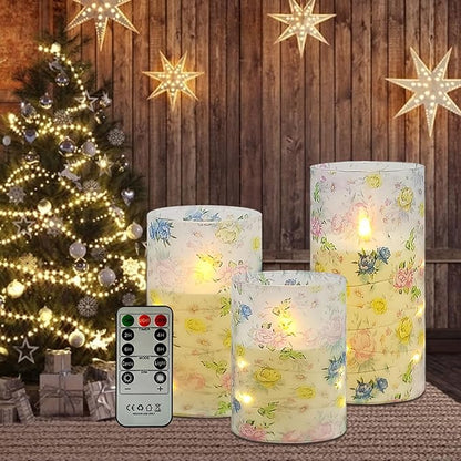 Flickering Flameless Candles Vintage Blue Floral Print, Embedded Star String Lights, Battery Operated Acrylic LED Pillar Candles with 11-Key Remote and Timer for Home Decoration, 3 Pack