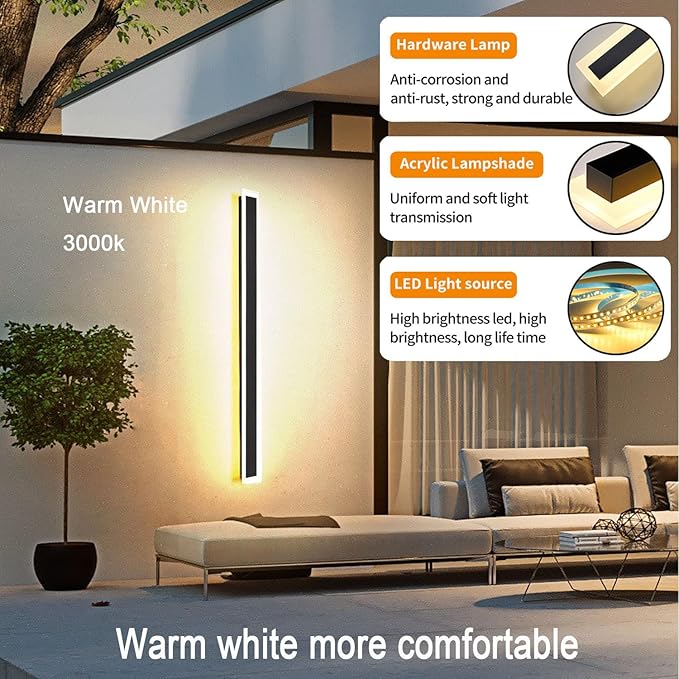2Pack-47.2INCH Long Outdoor LED Wall Lights,38W Waterproof IP65 Warm White 120V LED Wall Mount Light Fixture Acrylic Black Exterior Wall Lights for House Courtyard Balcony Porch