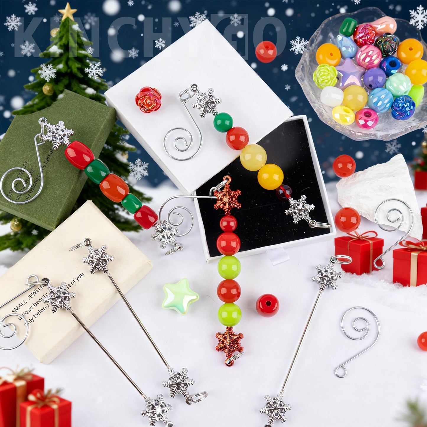 KINCHYGO, 18 Pack Beadable Rods Charms Snowflake Pendant for Christmas Tree DIY Craft (Silver)