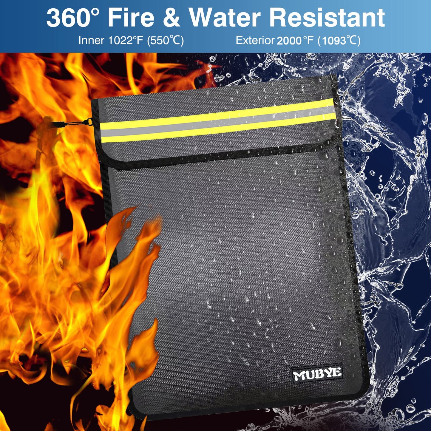 Fireproof Waterproof Money Document Bag - 15"x 11" Safe Zipper Bags with Reflective Strip, Fire & Water Proof Storage Organizer Pouch for Important Documents Holder,File,Cash,Passport,Tablet (Black)