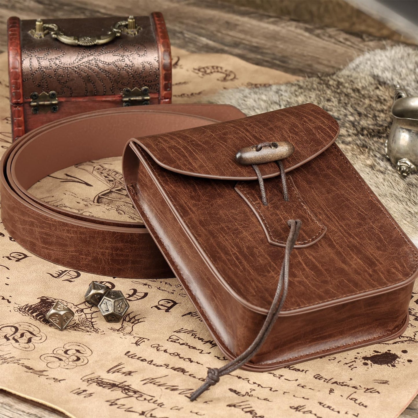 EpicCos Renaissance Belt Pouch, Medieval Pirate Cosplay Accessories for LARP, Vintage Leather Waist Bag with Ren Faire Belt (Brown)