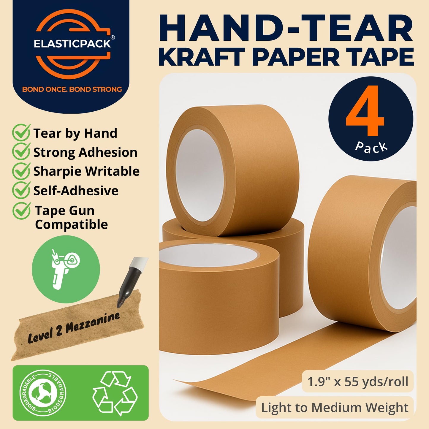 Elasticpack Paper Packing Tape 4-PK - Non-Reinforced, 1.9” x 55 yd – Tears by Hand, Biodegradable, Sharpie-Writable – Box Storage, Framing, Labeling & Crafts - Tape Gun Compatible, Kraft