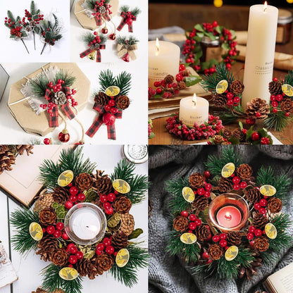 GXXMEI 25PCS Christmas Floral Pick with Jingle Bell, Pine Cone Holly Berry Stems for Crafts, Artificial Christmas Picks and Sprays for Christmas Home Decor, Garland, Wreath