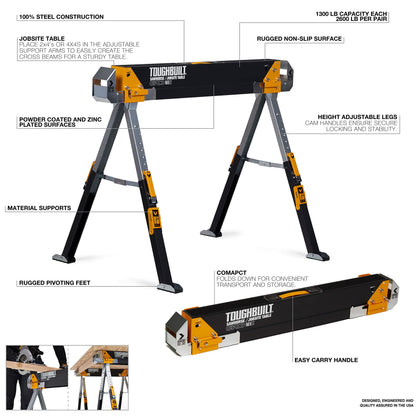 ToughBuilt - Folding Sawhorse - Sturdy, Durable, Lightweight, Heavy-Duty, 100% High Grade Steel - Adjustable up to 4x4 Size Support Arms - 1300 LB Capacity - (TB-C700) - 2 Pack