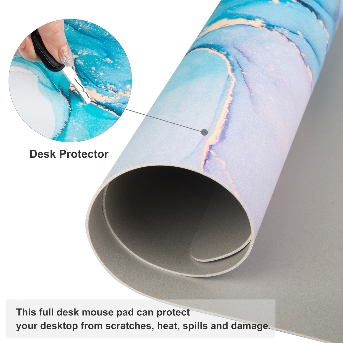 QIYI Large Mouse Pad, PU Leather Desk Mat for Desktop, Waterproof Gaming Desk Pad, Marble Full Desk Accessories Keyboard Mousepad, Abstract Art Home Office Décor 31.5" x 15.7" - Blue Pink Fluid
