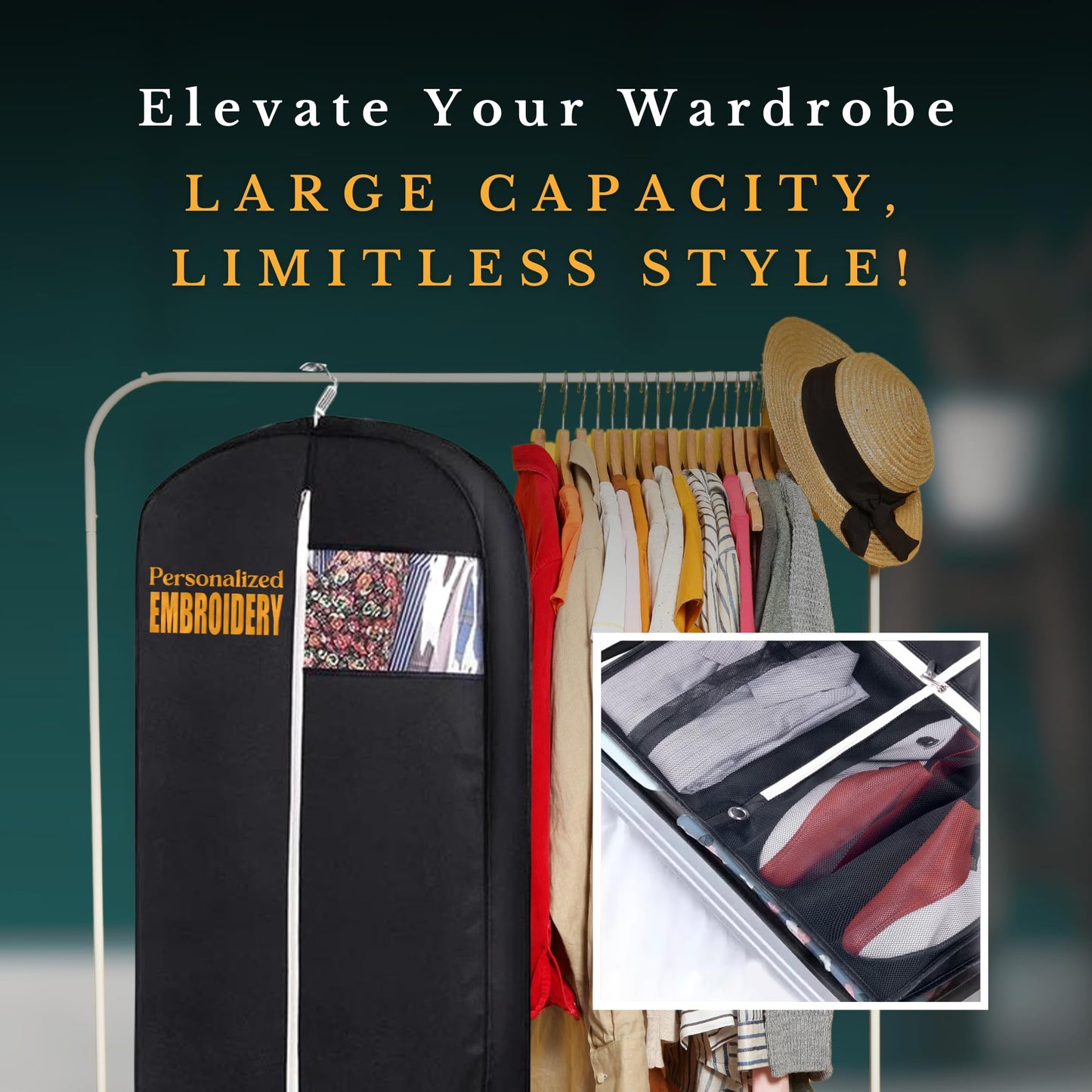 Personalized Garment bag with Name for Hanging Clothes - Custom Black Suit Bags for Closet Storage with 2 Mesh Pockets for Men & Women - Ideal for Wedding Dress Garment Bag Storage with Carry Handles
