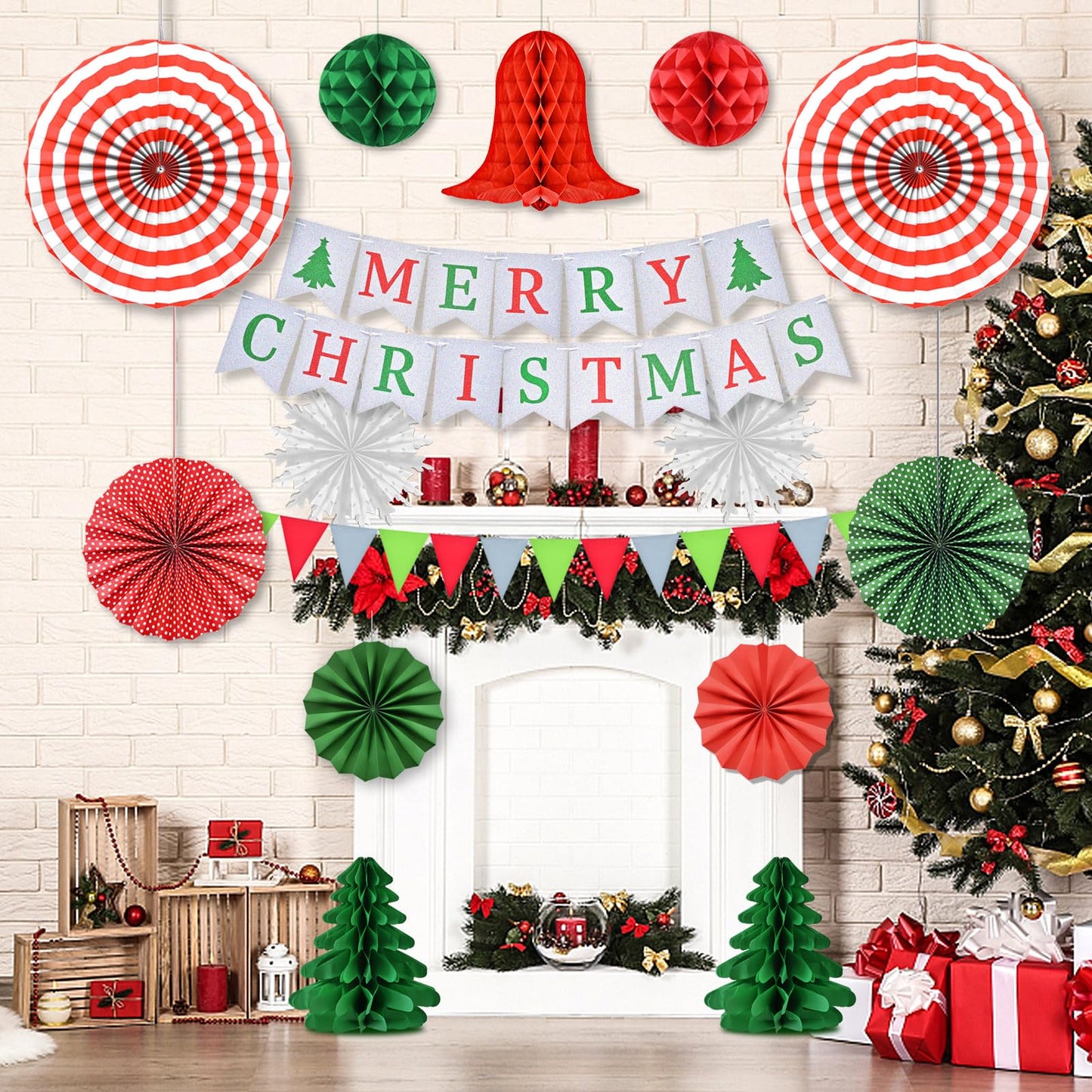 Ahfulife Christmas Party Decorations Supplies Set, Reusable Xmas Decor Kit Indoor - Merry Christmas Sign Banner for Home, Xmas Pennant Banner, Hanging Paper Tissue Fan Tree Garland