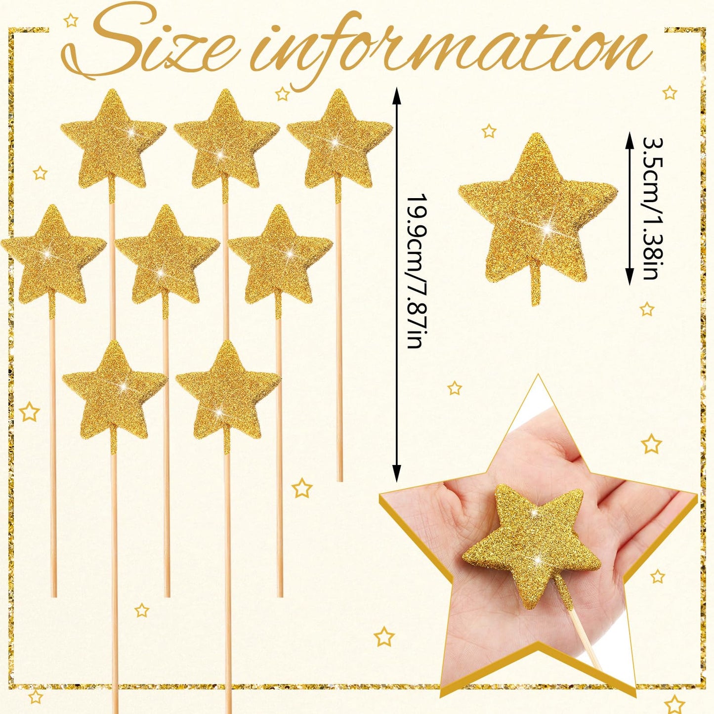 Suzile 60 Pcs Golden Star Floral Pick 8'' Star Centerpiece Table Decor Gold Graduation Glitter Craft Stick Sparkly Foam Stem for Floral Arrangement Wreath Wedding Bridal Baby Shower Birthday