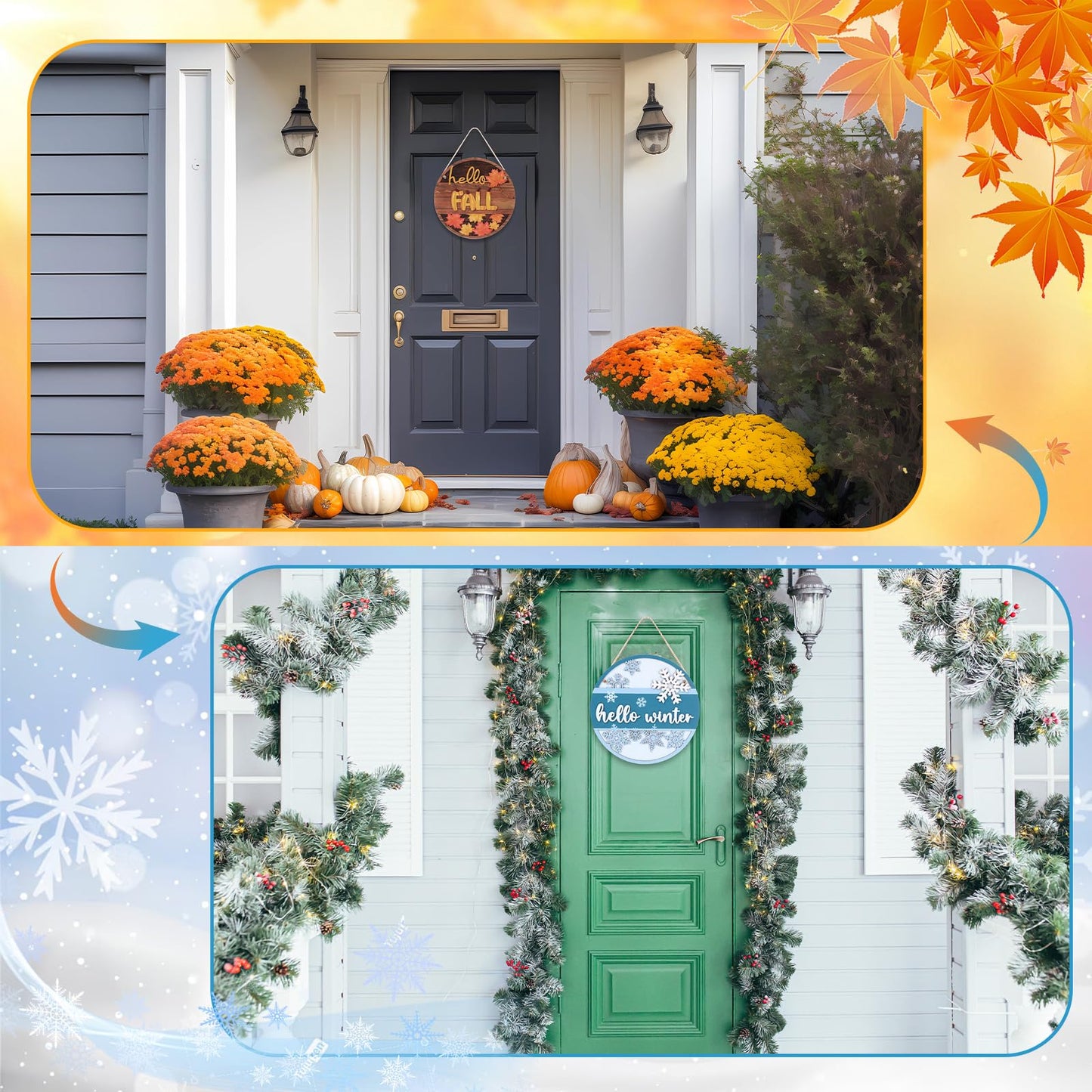 Bucherry Two Sided Fall Winter Door Sign 3D Thickened Wooden Reversible Fall Thanksgiving Decor Christmas Decorations Maple Leaves Snowflakes Welcome Door Sign for Autumn Winter Yard Home Decorations