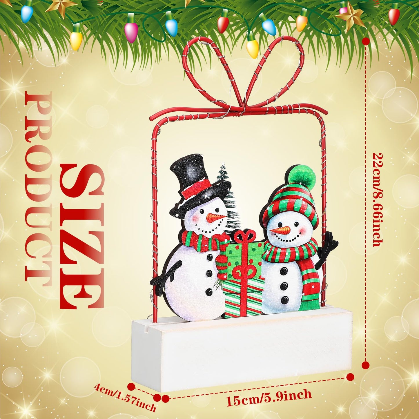 Cinnvoice Winter Snowman Tabletop Decorations Wooden Lighted Winter Snowmen Gift Box Tree Ornament with Metal Frame Red Green Battery Operated LED Light up Holiday Sign for Indoor Mantel Shelf Decor