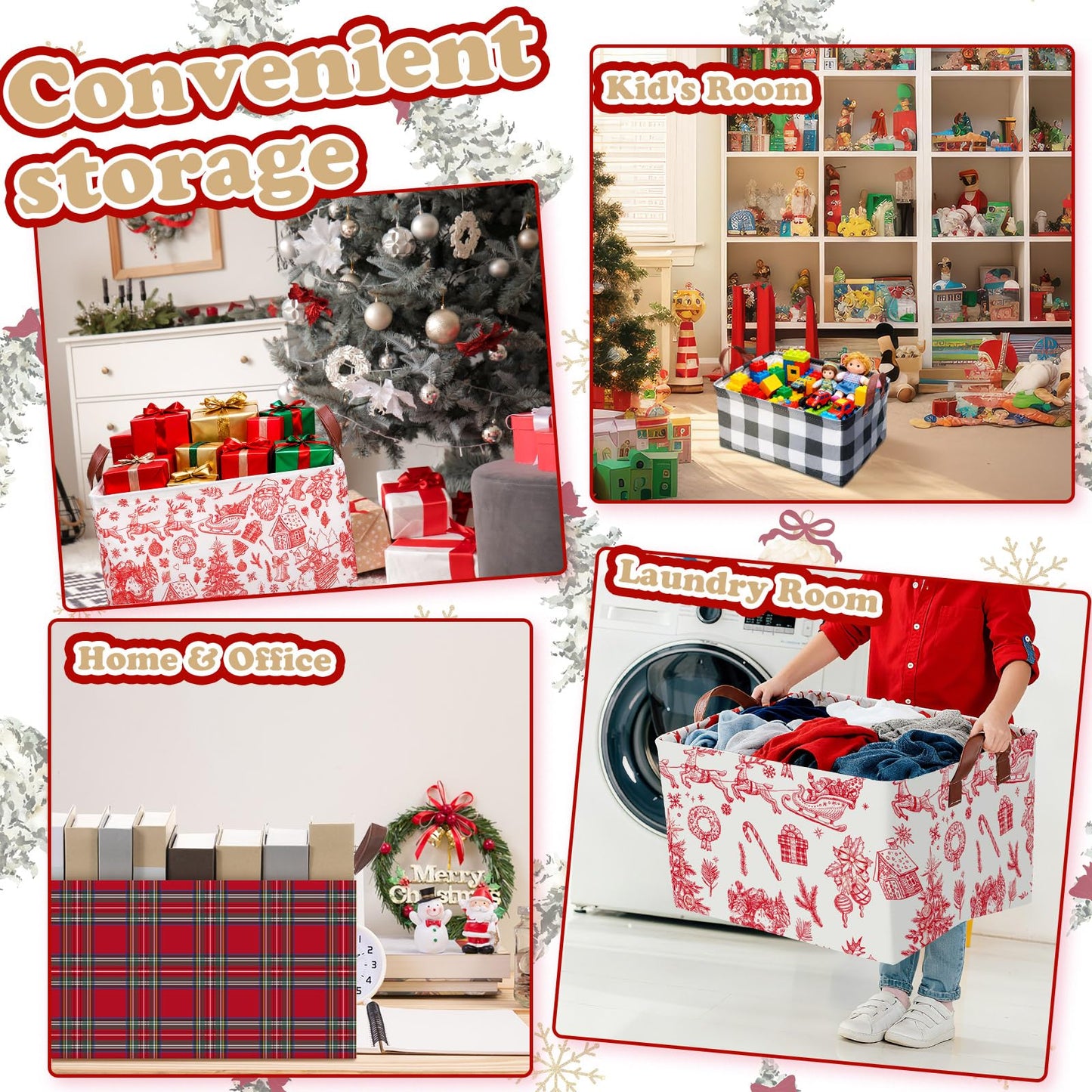 Boao 3 Pcs Christmas Foldable Storage Bins Red Black Plaid Laundry Basket with Handles Waterproof Elk Santa Claus Fabric Shelf Baskets for Organizing Closet Clothes