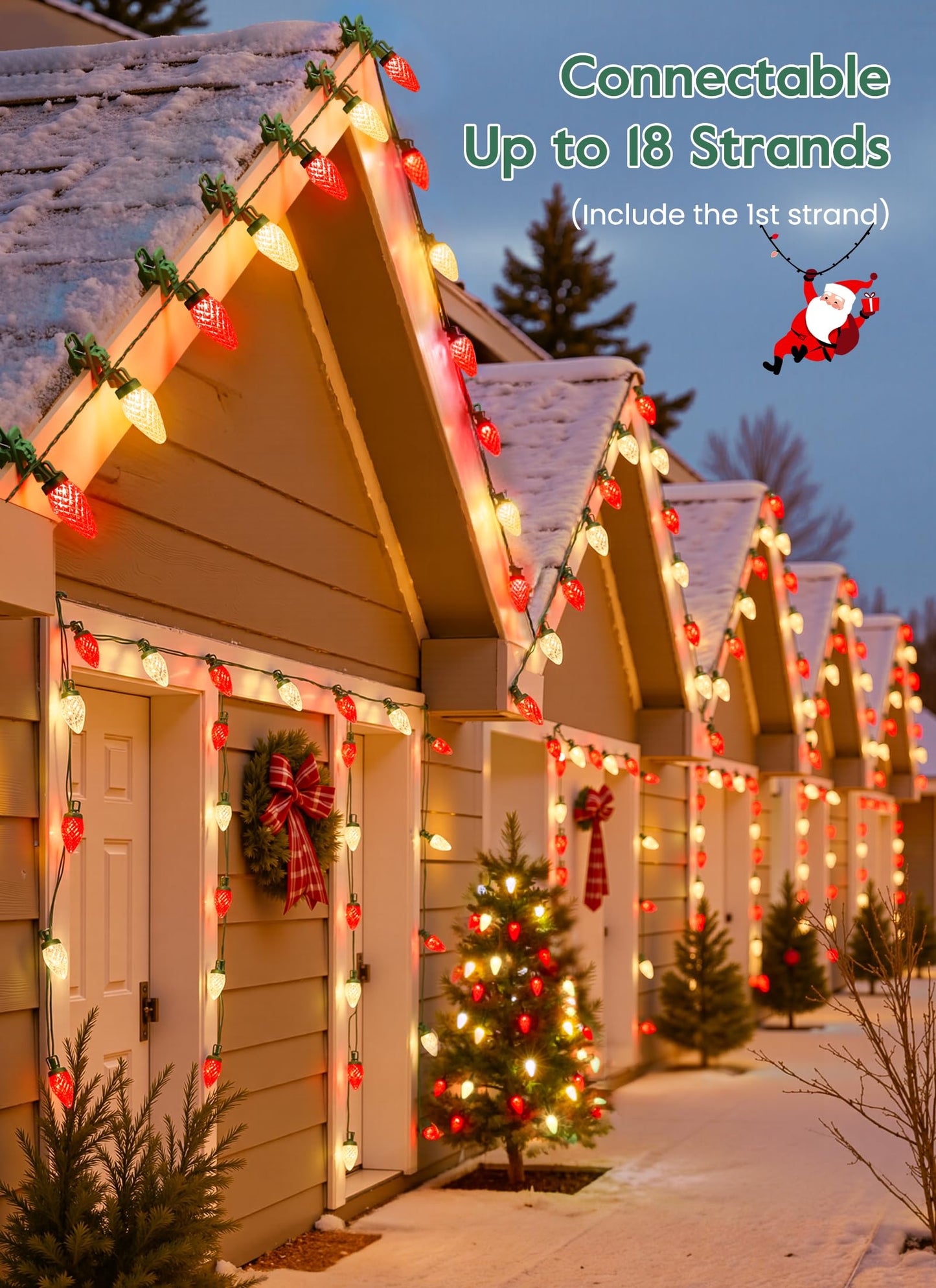 C9 LED Christmas Lights Outdoor, 99 Feet 150 LED String with Spring Clips, Waterproof Connectable Roofline Patio Home Xmas Decor, Red & Warm White