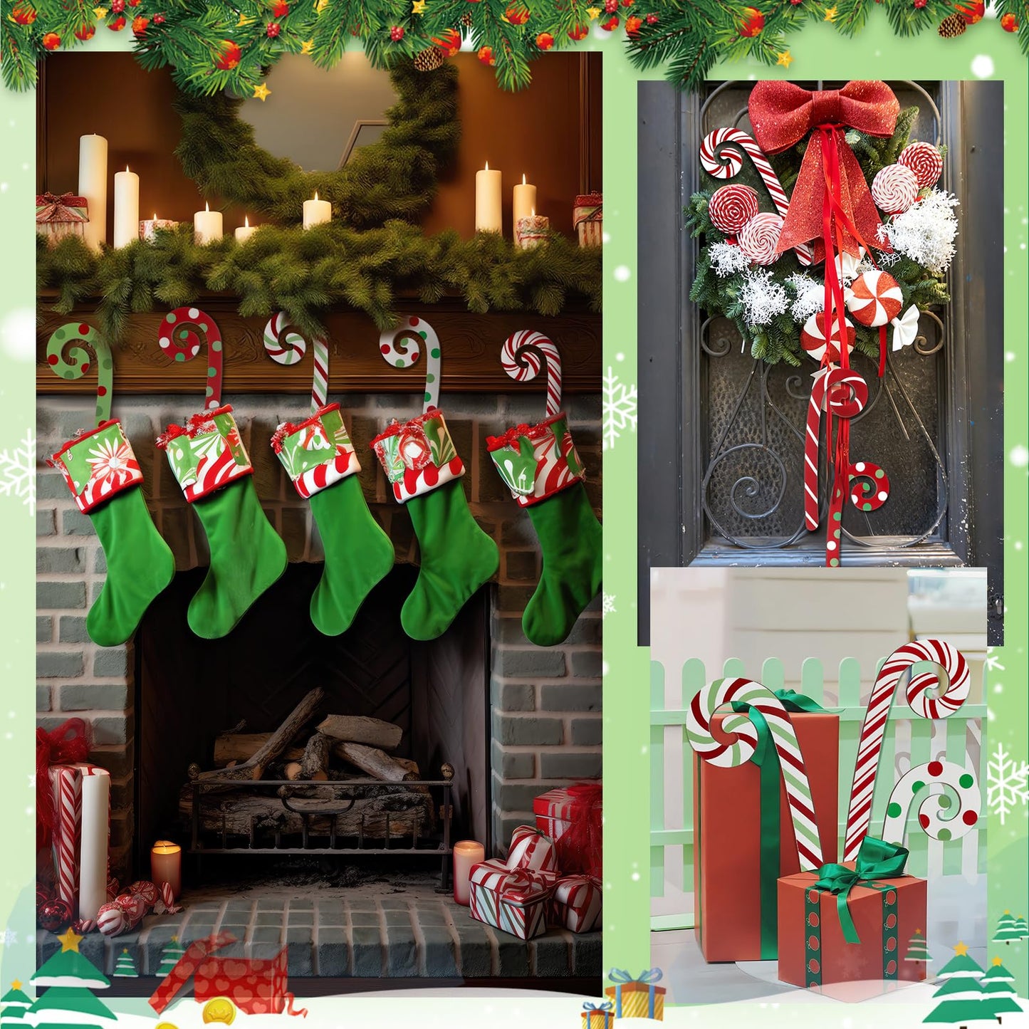 Yalikop 6 Pcs Large Christmas Candy Canes Decoration 15.75'' Wooden Red Green White Polka Dots Stripes Ornament Lollipop Candy Cane Ornaments for Christmas Tree Xmas Crafts Party Decor (Lovely)