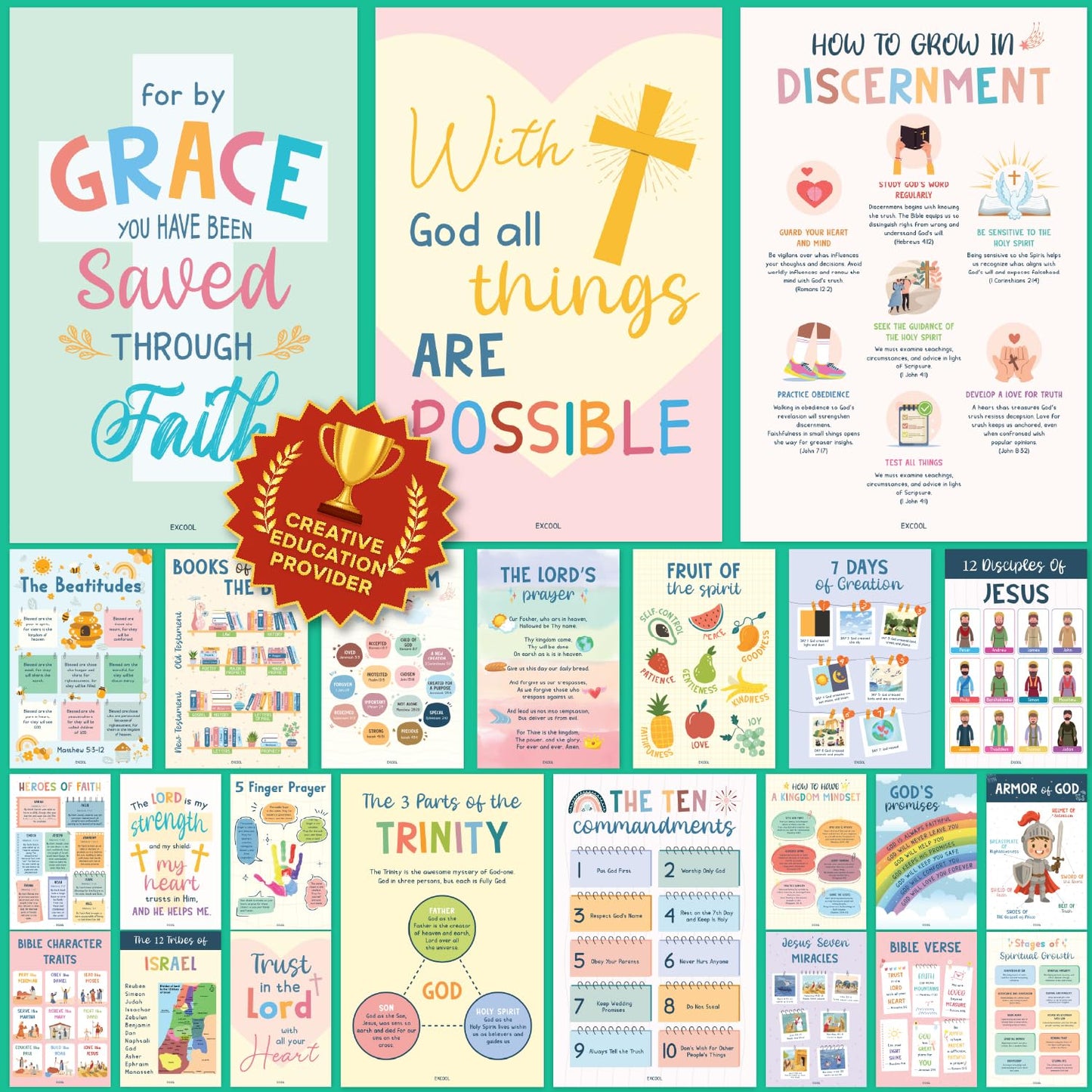 Excool Club Sunday School Decorations For Classroom - 24 Book Of The Bible Posters For Kids, Ten Commandments Fruit Of The Spirit Wall Art, Bible Study Supplies For Christian Classroom Decor (11"x17")