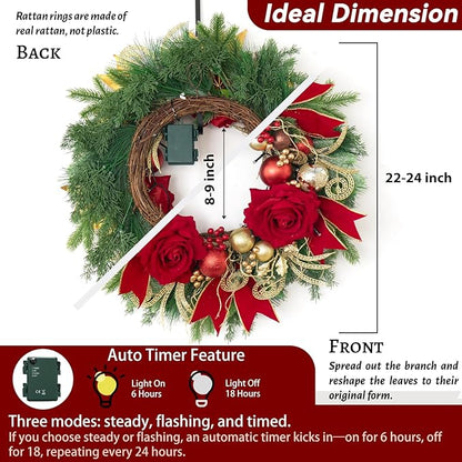 Christmas Wreaths for Front Door–24Inch Outdoor Christmas Door Wreath with Lights,Classic Xmas Wreath with Pinecone,White Berries and Silver Ornaments Design, Holiday Outdoor Wreaths Decor