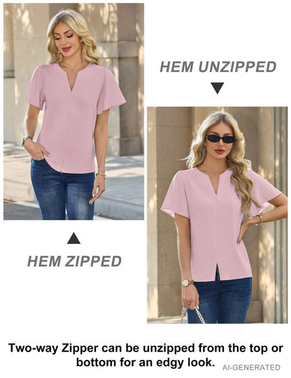 Blooming Jelly Womens Dressy Casual Blouses Business Work Summer Tops Zip Ruffle Short Sleeve Cotton Shirts Trendy Spring Outfits (Pink,Medium)