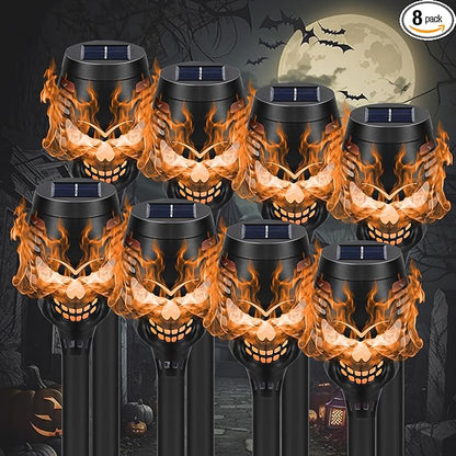 Solar Halloween Decorations Outdoor, 8 Pack Spooky Skulls Solar Torch Flame Lights, Waterproof Pathway Halloween Lights for Garden, Yard, Lawn, Porch, Landscape Decor, Orange